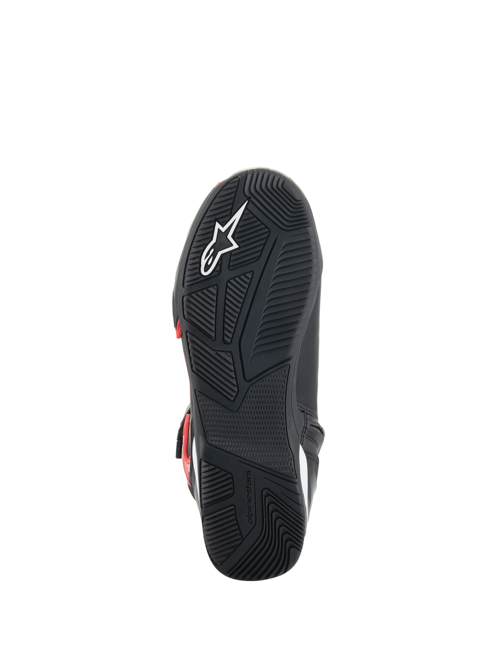 Alpinestars Superfaster sko, sålvisning, sort gummisål med teknisk gribemønster, hvidt Astars-logo og præget Alpinestars-branding, designet til motorcykelkørsel og gåkomfort