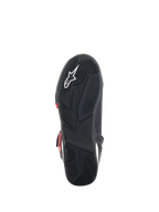 Alpinestars Superfaster sko, sålvisning, sort gummisål med teknisk gribemønster, hvidt Astars-logo og præget Alpinestars-branding, designet til motorcykelkørsel og gåkomfort