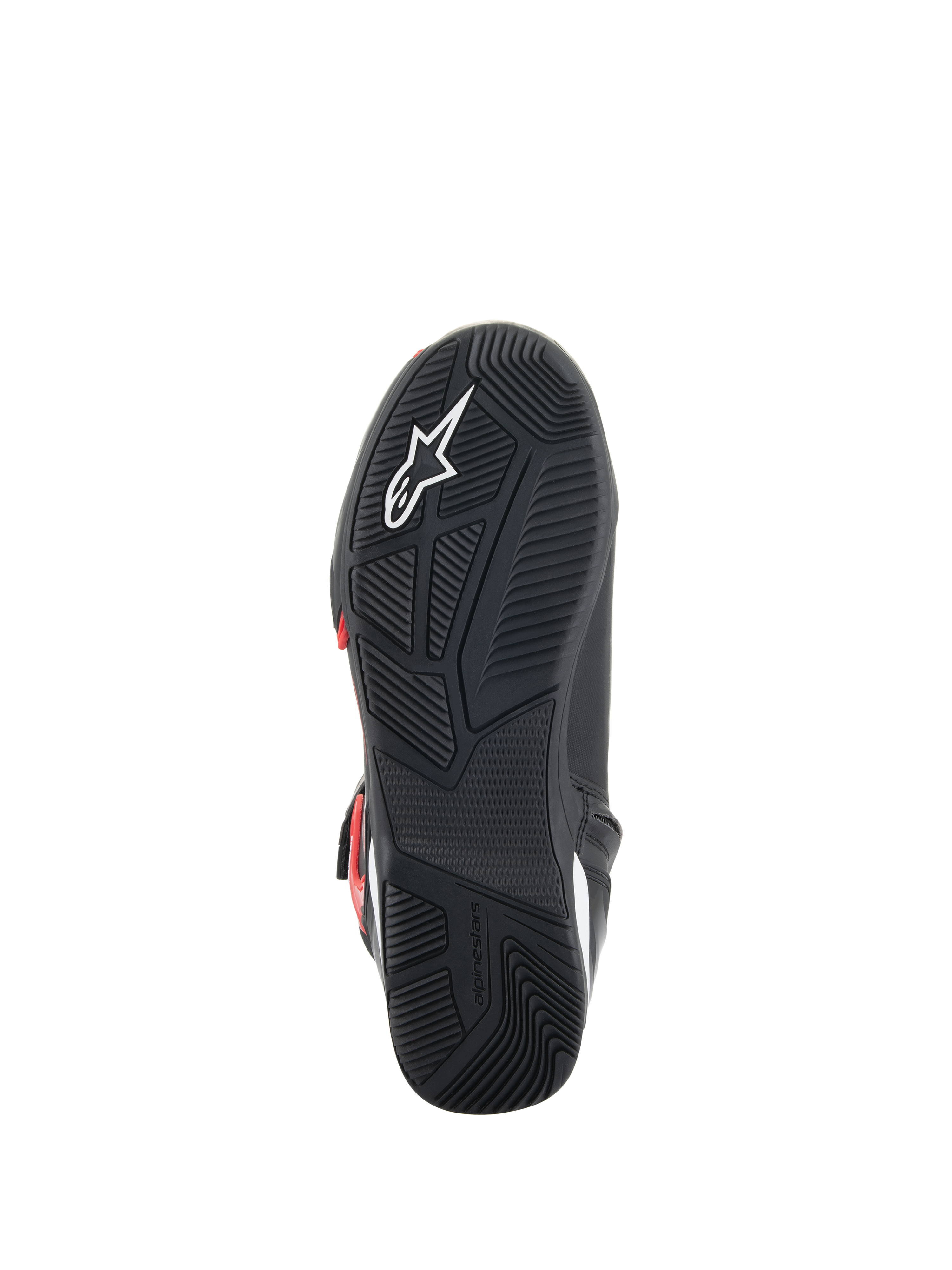 Alpinestars Superfaster sko, sålvisning, sort gummisål med teknisk gribemønster, hvidt Astars-logo og præget Alpinestars-branding, designet til motorcykelkørsel og gåkomfort
