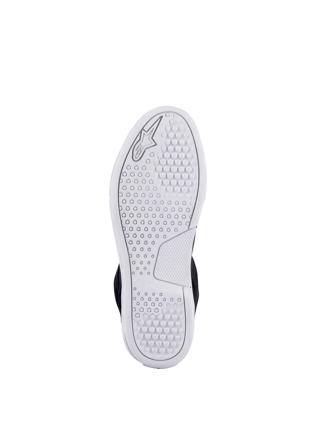 Alpinestars Chrome Shoes, visning af hvid avanceret urban sål, med sekskantet mønster for greb og præget Alpinestars-logo, afslappet fodtøj til motorcykelkørsel