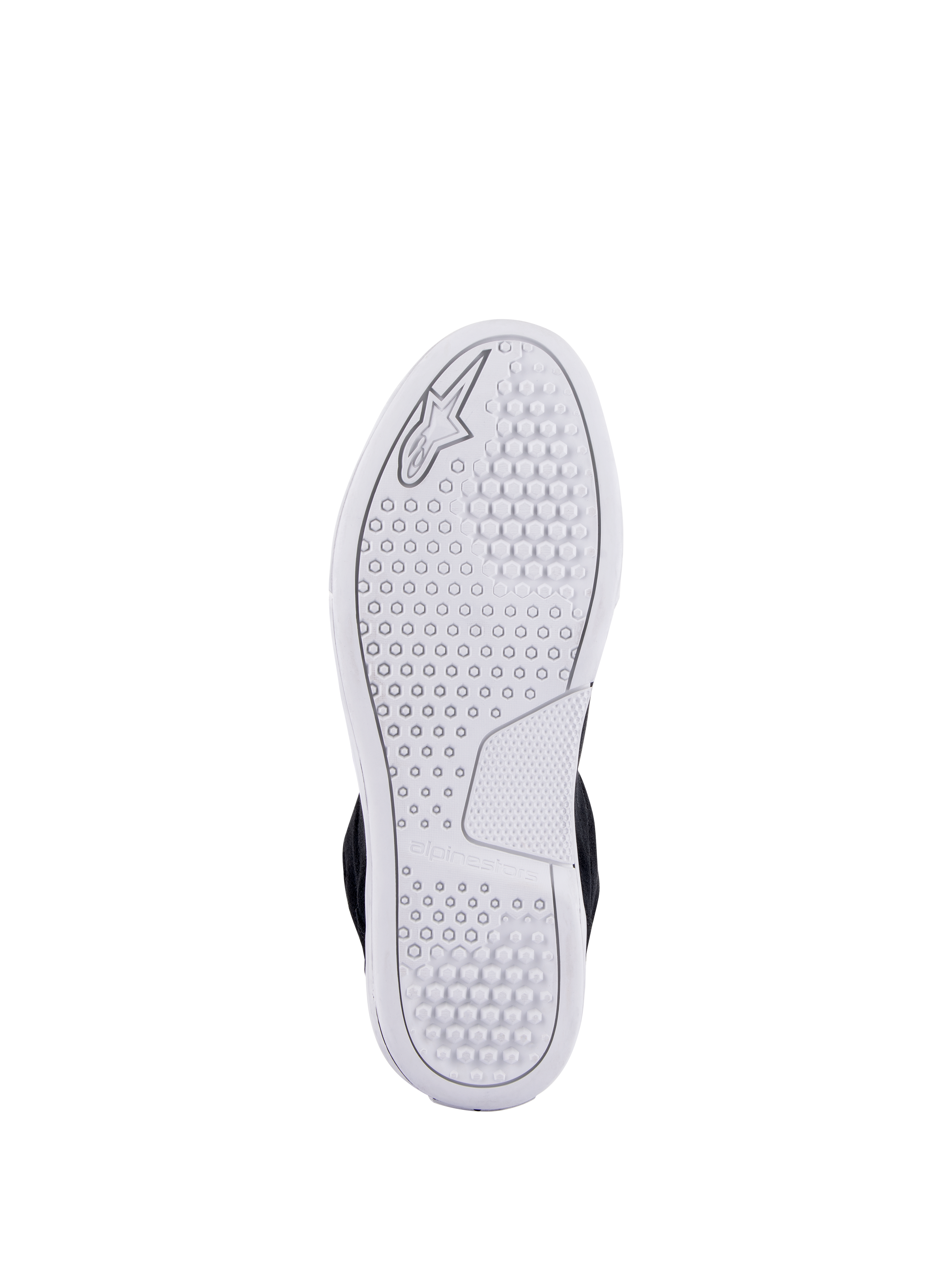 Alpinestars Chrome Shoes, visning af hvid avanceret urban sål, med sekskantet mønster for greb og præget Alpinestars-logo, afslappet fodtøj til motorcykelkørsel