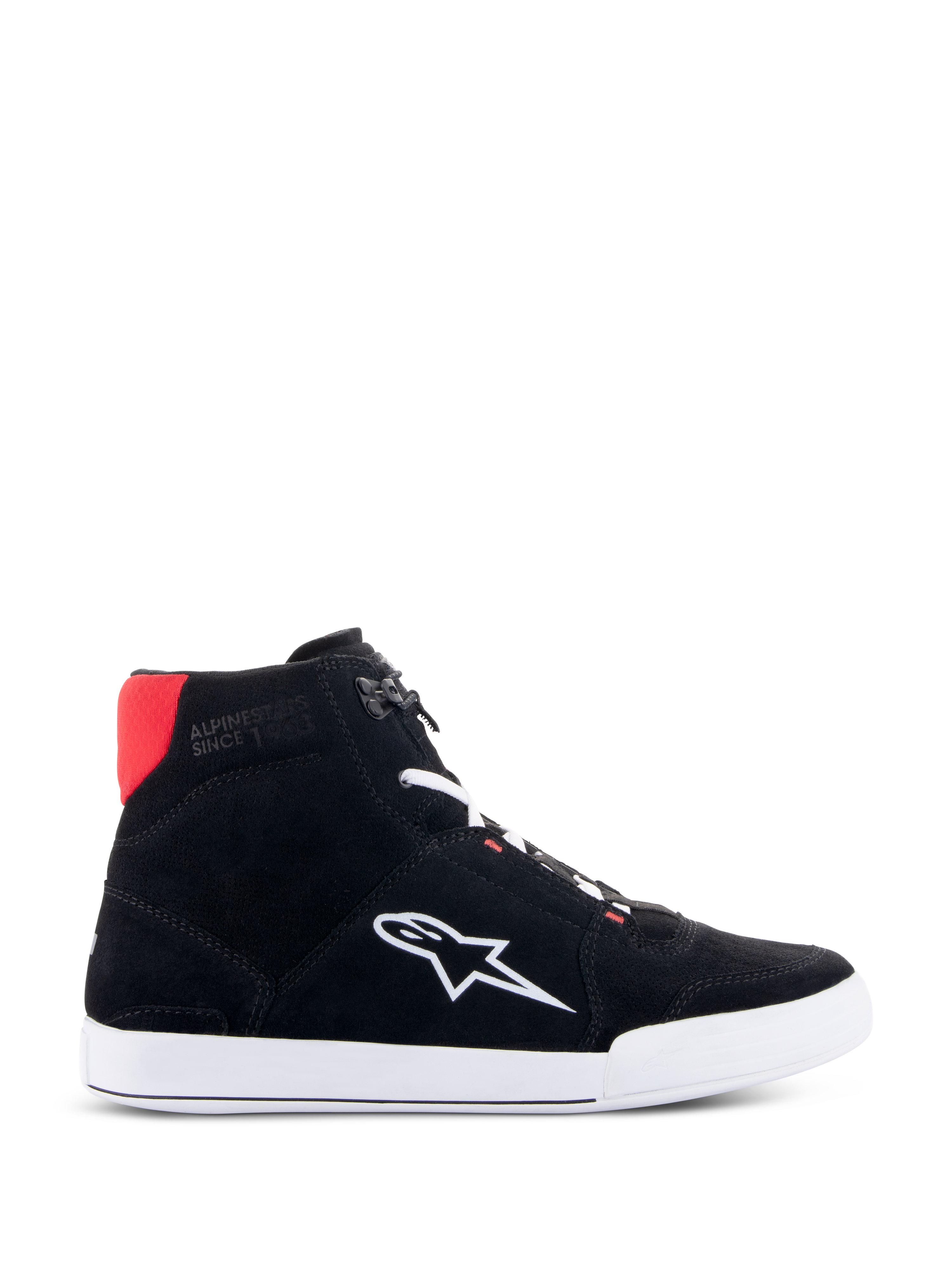 Alpinestars Chrome køresko i sort, hvid og klar rød, urban casual high-top motorcykelsko med overdel i sort delt ruskind, hvidt Astars-logo på siden, hvid sål og klar rød detalje på hælkraven