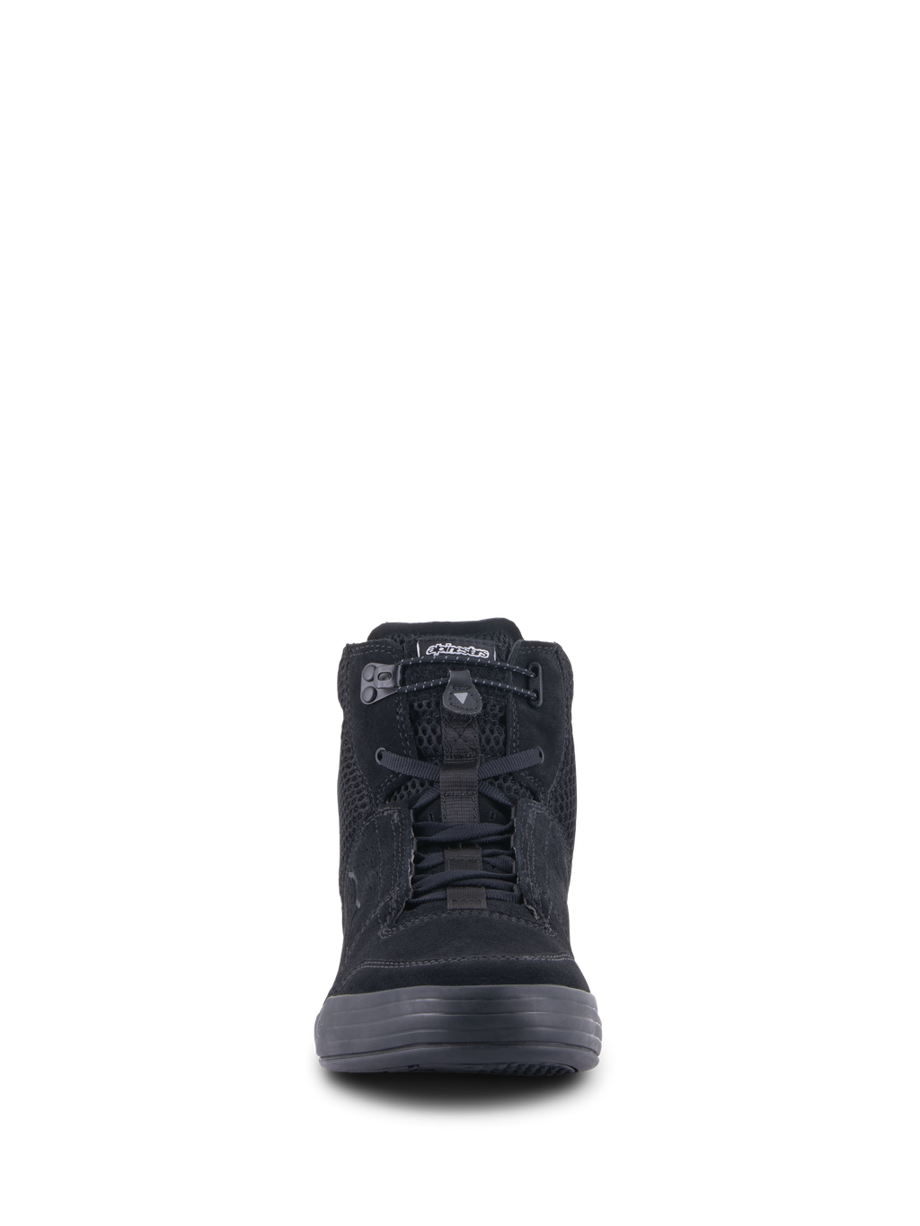 Alpinestars Chrome Air Shoe, urban motorcykelkøresko, sort, set forfra, viser overdel i delt ruskind og mesh, elastisk snørelukning og et afslappet high-top sneakerdesign