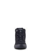 Alpinestars Chrome Air Shoe, urban motorcykelkøresko, sort, set forfra, viser overdel i delt ruskind og mesh, elastisk snørelukning og et afslappet high-top sneakerdesign