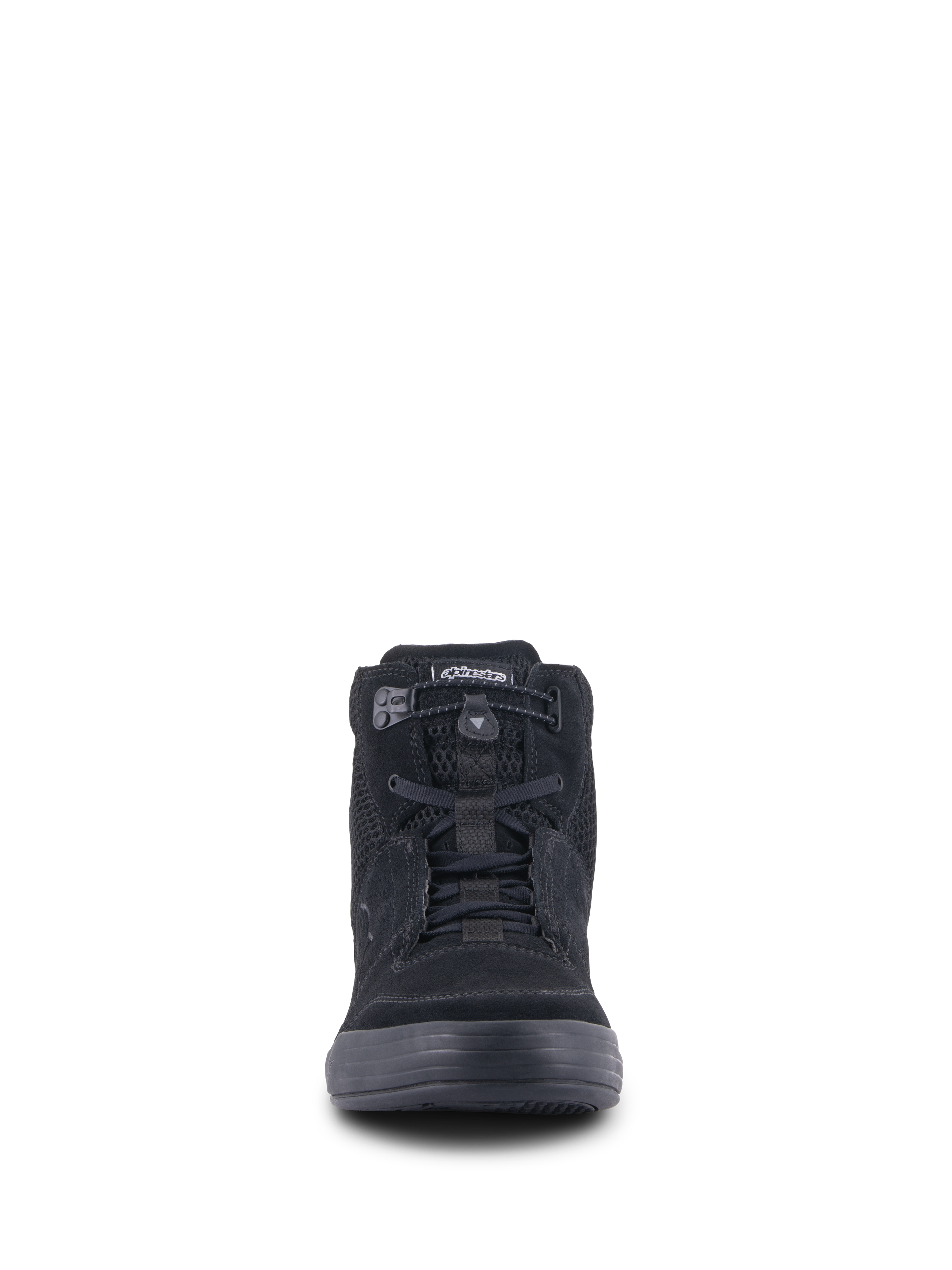 Alpinestars Chrome Air Shoe, urban motorcykelkøresko, sort, set forfra, viser overdel i delt ruskind og mesh, elastisk snørelukning og et afslappet high-top sneakerdesign