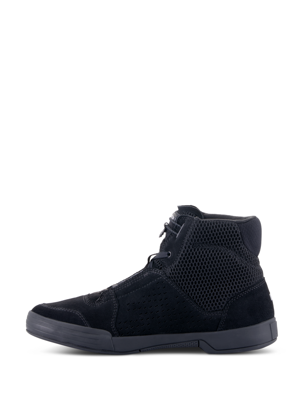 Alpinestars Chrome Air Shoe, urban motorcykel køresko, sort/sort, set fra siden, high-top sneaker-design med åndbar mesh og delt ruskindskonstruktion, flad gummisål