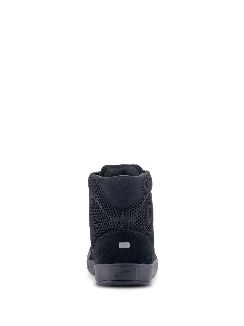 Alpinestars Chrome Air sko, motorcykel-køresko, sort sort, set bagfra der viser åndbar mesh og overdel i delt ruskind, reflekterende hældetalje og casual urbant beskyttende fodtøjsdesign