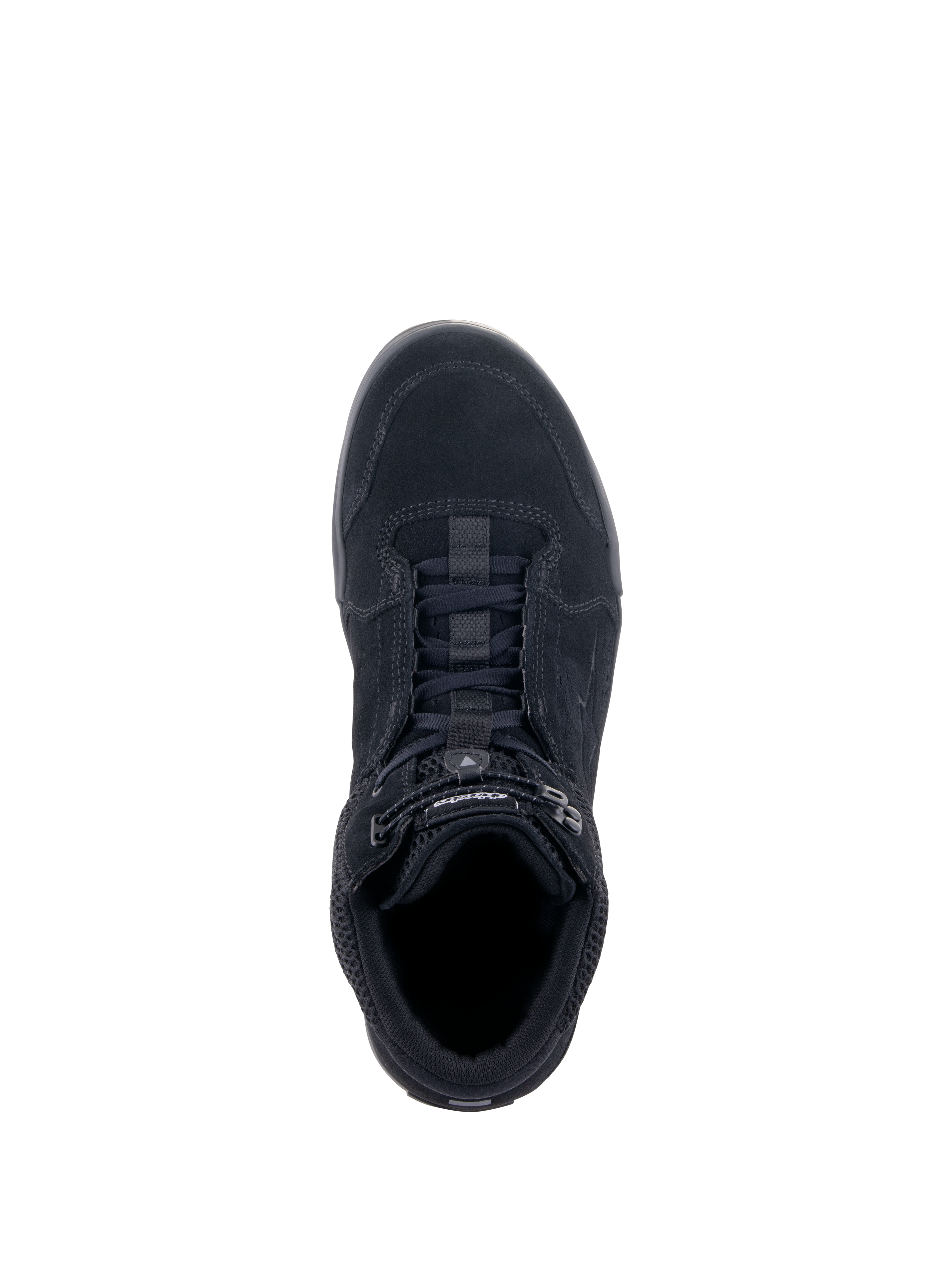 Alpinestars Chrome Air sko, urban motorcykelkøresko, sort, set fra oven, der viser overdel i delt ruskind og mesh, snøresystem med elastisk lukning, afslappet sneaker-design til bykørsel