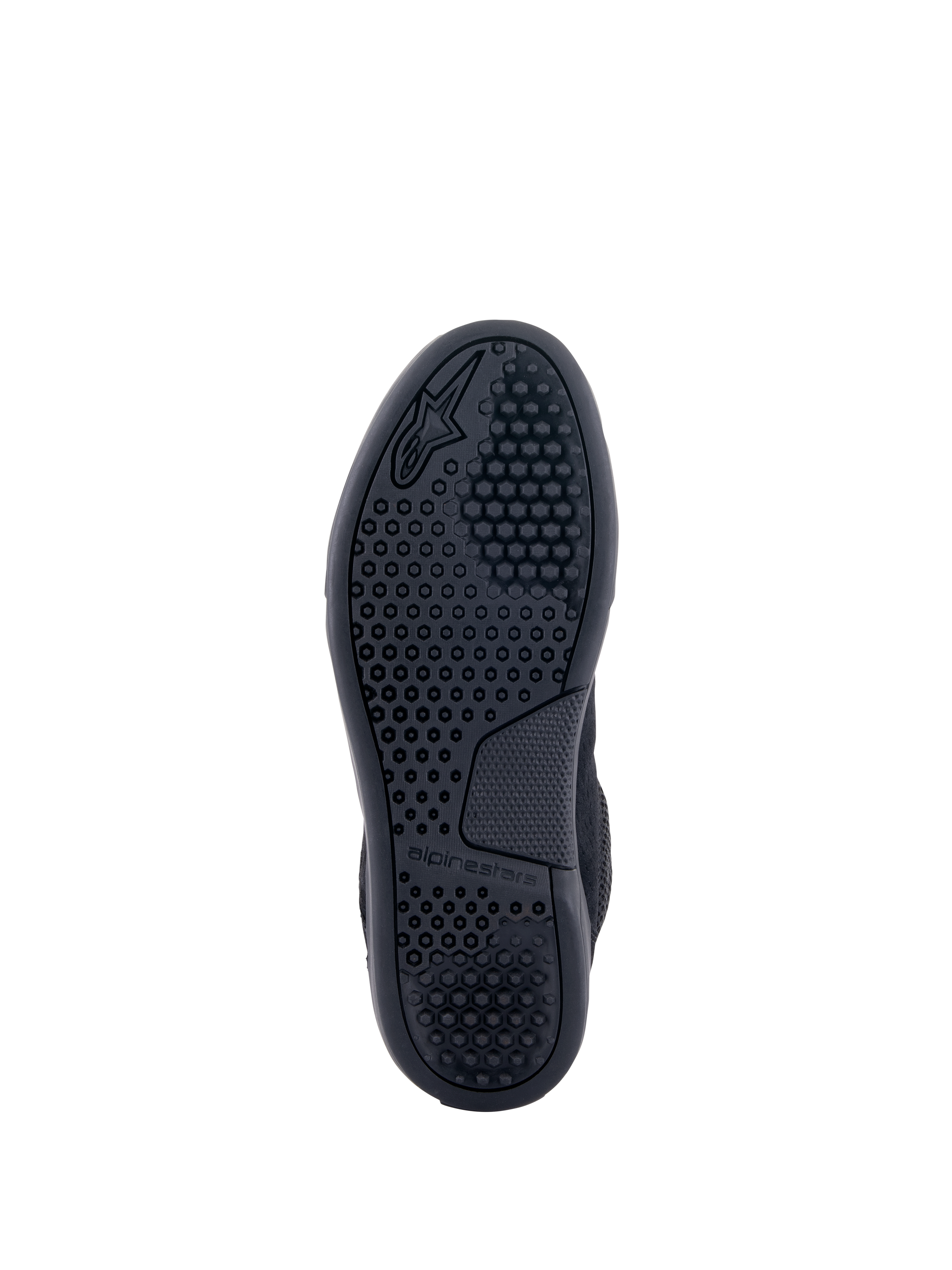 Alpinestars Chrome Air sko, sort, set nedefra, ydersål med detaljeret sekskantet grebsmønster, præget Alpinestars-logo og branding, slidstærk gummisål til urban motorcykelkørsel