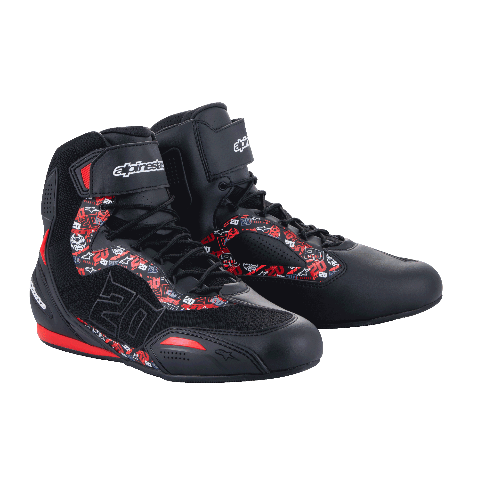 Alpinestars FQ20 Faster-3 Rideknit® sko, motorcykel køresko, sort og klar rød, med rød-hvide grafiske mønstre og Fabio Quartararos nummer 20, konstruktion i strikket mesh og mikrofiber, Alpinestars-logo på ankelremmen, sporty urbant design til landevejskørsel