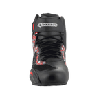Alpinestars FQ20 Faster-3 Rideknit® sko, motorcykel køresko, sort og klar rød, set forfra med snørebåndslukning og velcro-ankelrem med Alpinestars-branding, grafisk print på siderne, slank racer-inspireret profil