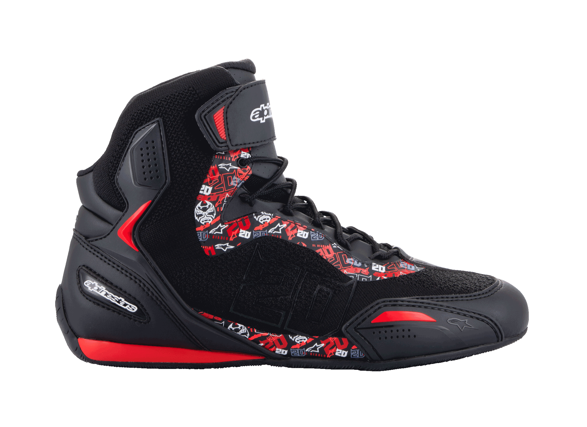 Alpinestars FQ20 Faster-3 Rideknit-sko, sorte high-top motorcykelsko med klare røde og hvide grafikker, Fabio Quartararo-logoer og mønstre, strikket mesh-overdel med snørebånd og ankelrem, sporty gummisål med røde accenter, strømlinet racerinspireret design