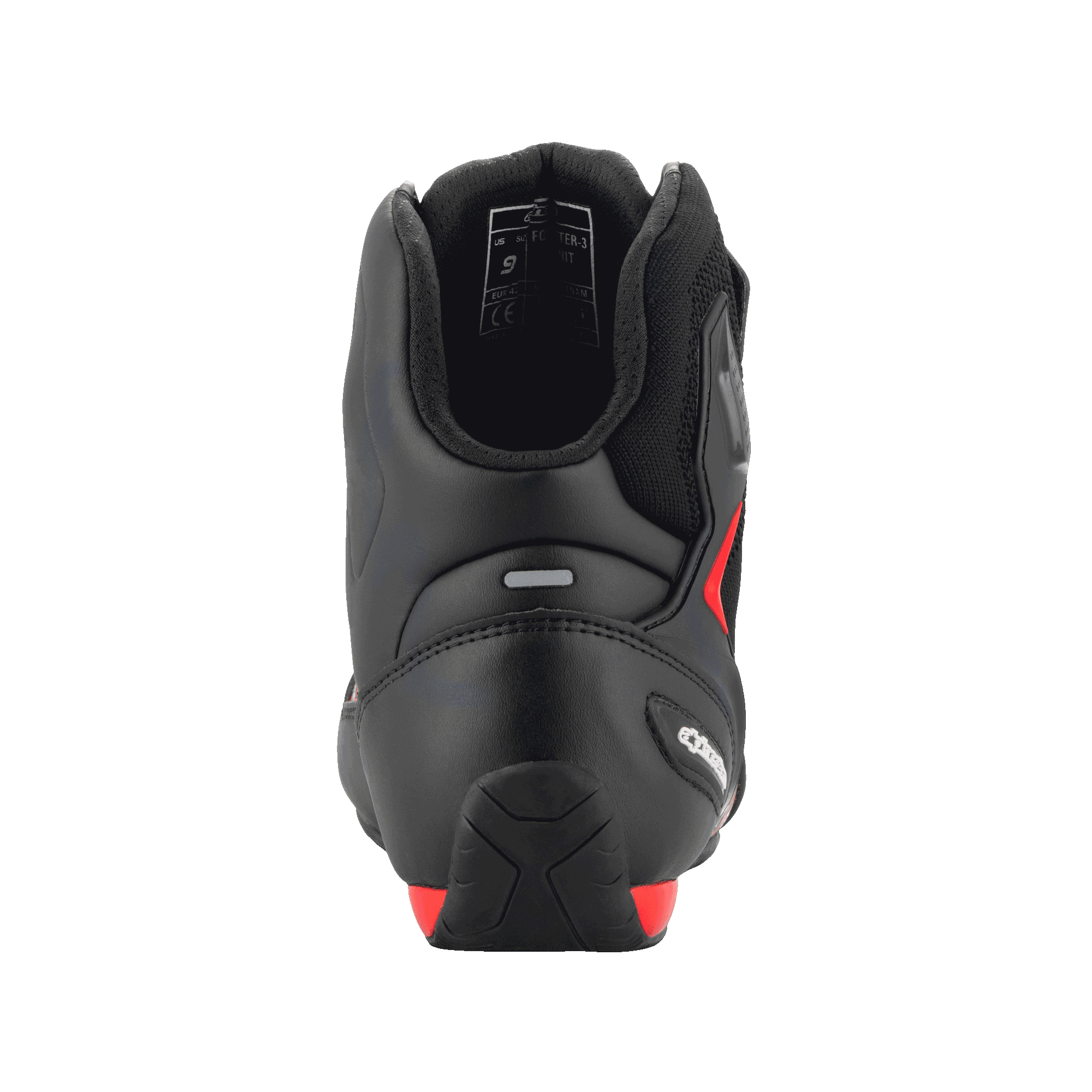 Alpinestars FQ20 Faster-3 Rideknit® sko, sort og stærk rød, set bagfra der fremhæver den konturerede hælkappe, refleksstribe og polstret ankelkrave, teknisk motorcykelfodtøj