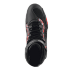 Alpinestars FQ20 Faster-3 Rideknit® sko, set oppefra, sort og klar rød, atletisk design med snørebånd og åndbart mesh, røde og hvide grafiske detaljer på siderne, urban sport motorcykelkøresko