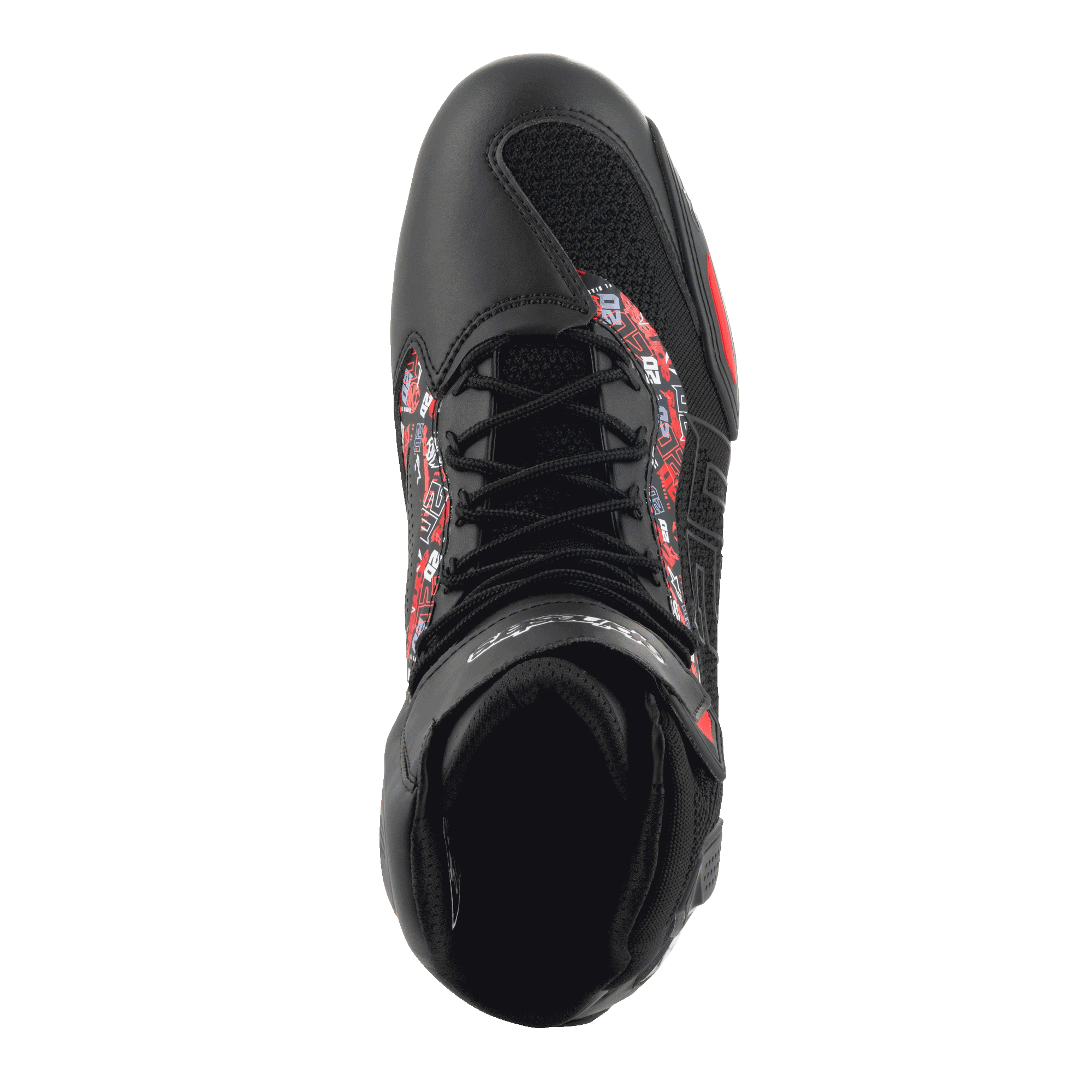 Alpinestars FQ20 Faster-3 Rideknit® sko, set oppefra, sort og klar rød, atletisk design med snørebånd og åndbart mesh, røde og hvide grafiske detaljer på siderne, urban sport motorcykelkøresko