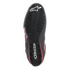 Alpinestars FQ20 Faster-3 Rideknit® sko, undersiden af den teksturerede gummisål, sort med hvide Alpinestars-logoer og røde detaljer, designet til greb og stabilitet på motorcyklens betjeningselementer