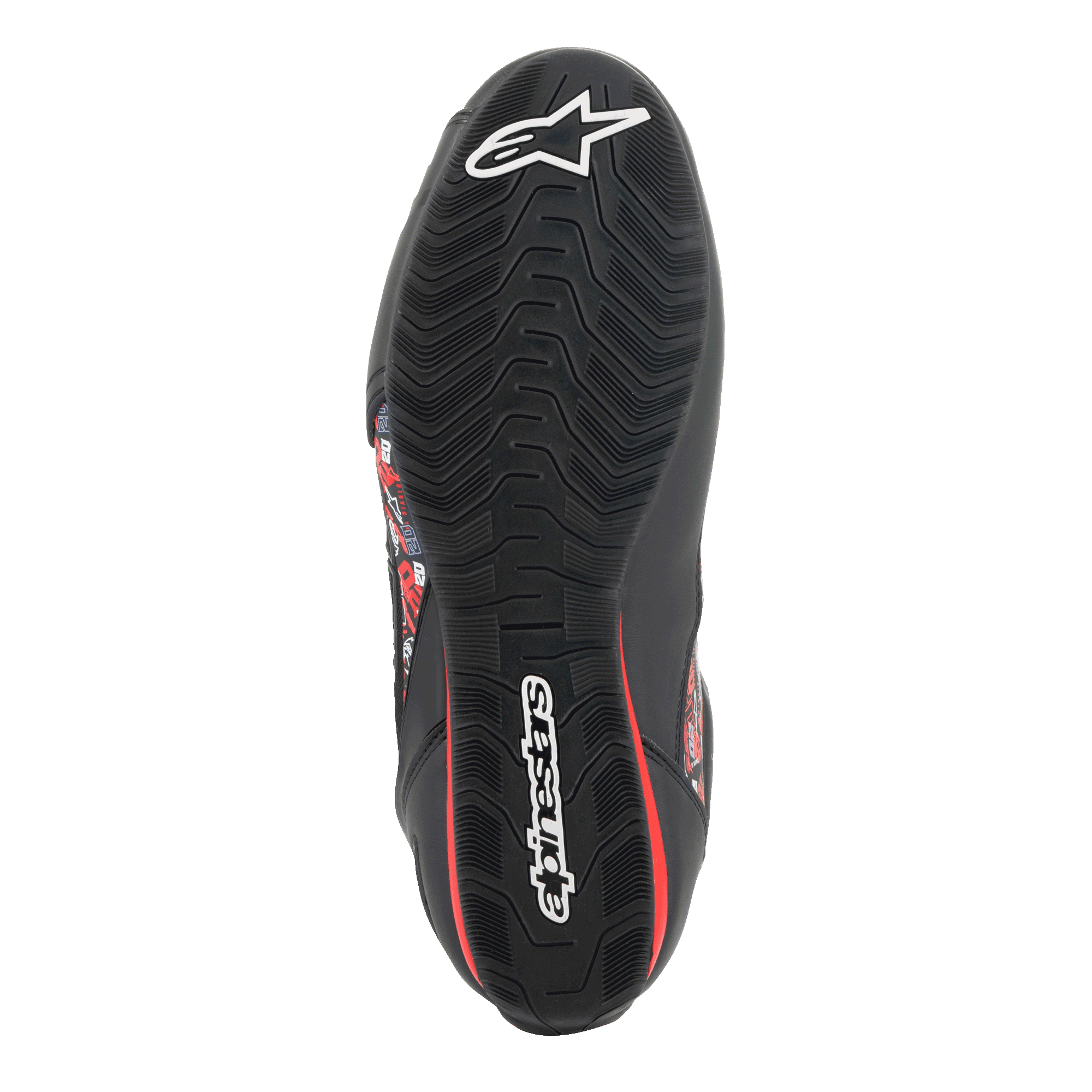 Alpinestars FQ20 Faster-3 Rideknit® sko, undersiden af den teksturerede gummisål, sort med hvide Alpinestars-logoer og røde detaljer, designet til greb og stabilitet på motorcyklens betjeningselementer