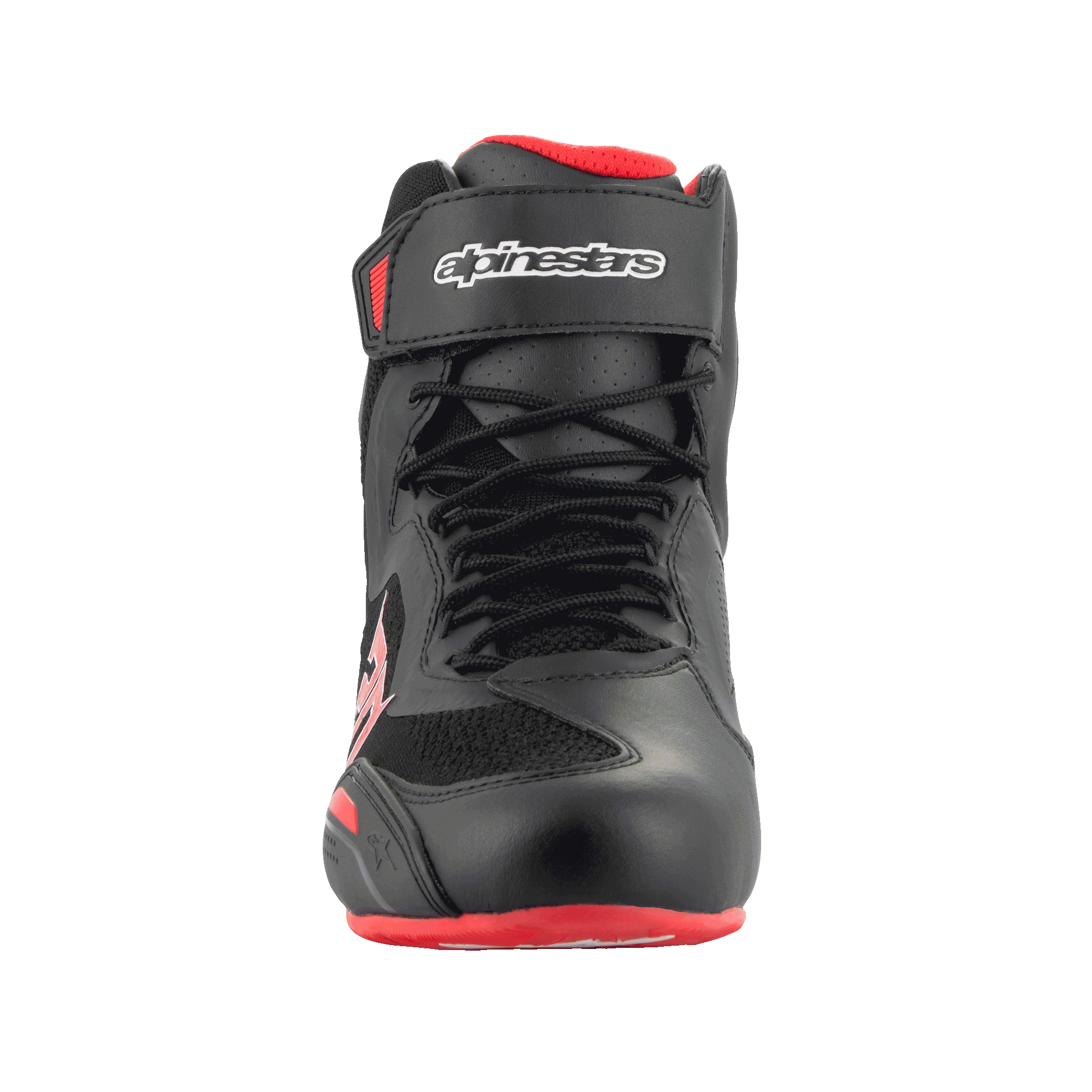 Alpinestars FQ20 Faster-3 Rideknit® sko, motorcykel-køresko, sort og klar rød, set forfra med snørelukning og velcrostrop øverst med Alpinestars-branding, teknisk mikrofiber og åndbar strikkonstruktion.