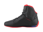 Alpinestars FQ20 Faster-3 Rideknit® sko, motorcykel køresko, sort, klar rød og blå, sideprofil med 'EL DIABLO' tekst i rød, rød sål og kraveforing, åndbar mesh- og mikrofiberkonstruktion med perforerede sidepaneler.