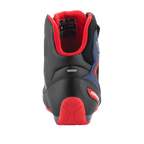 Alpinestars FQ20 Faster-3 Rideknit® sko, motorcykel køresko, sort, rød og blå, set bagfra med rød TPR-hælbeskytter, polstret rødt mesh-for og refleksstribe, sportsligt design til vejkørsel.