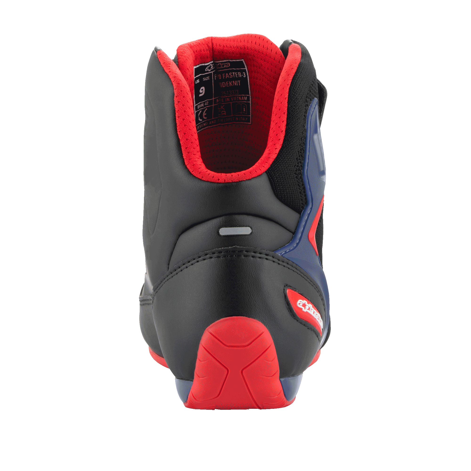 Alpinestars FQ20 Faster-3 Rideknit® sko, motorcykel køresko, sort, rød og blå, set bagfra med rød TPR-hælbeskytter, polstret rødt mesh-for og refleksstribe, sportsligt design til vejkørsel.