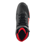 Alpinestars FQ20 Faster-3 Rideknit® sko, køresko til motorcykel, sort med klare røde og blå detaljer, set oppefra med åndbart Rideknit® mesh, snøresystem og polstret rødt interiør