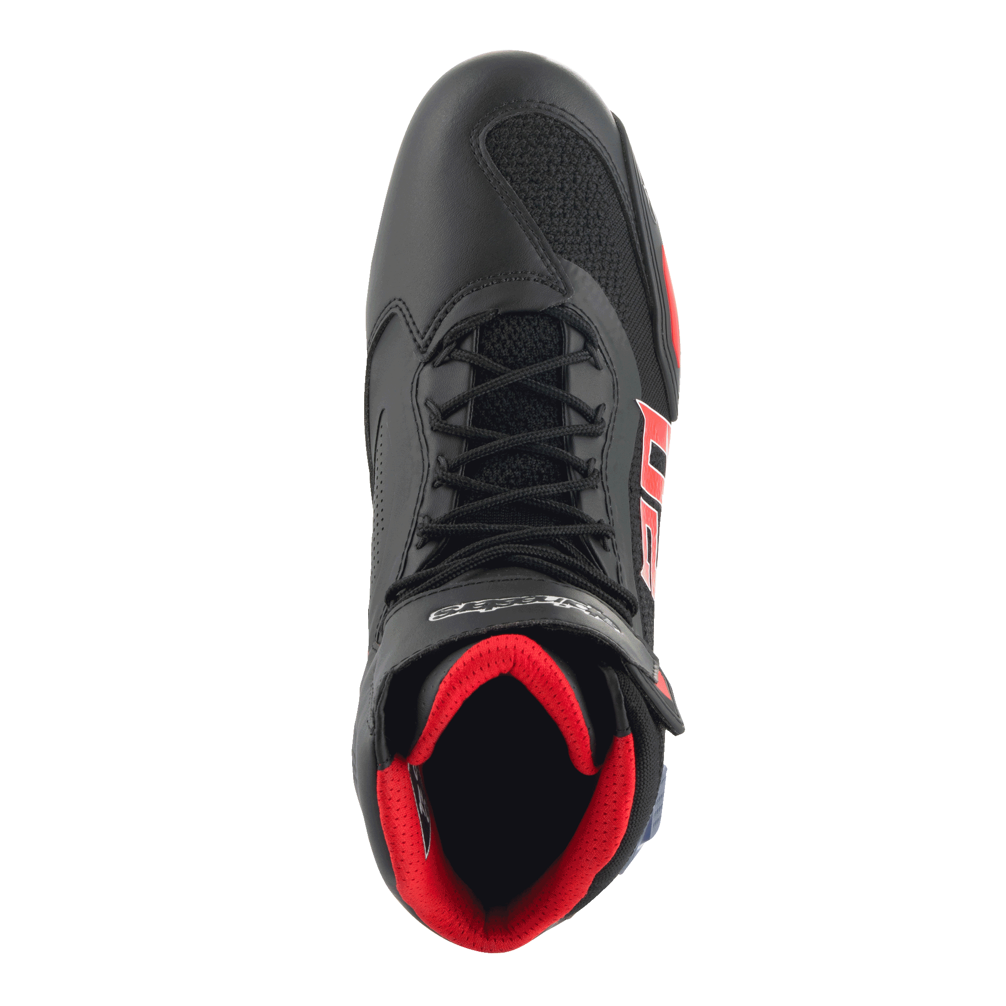 Alpinestars FQ20 Faster-3 Rideknit® sko, køresko til motorcykel, sort med klare røde og blå detaljer, set oppefra med åndbart Rideknit® mesh, snøresystem og polstret rødt interiør