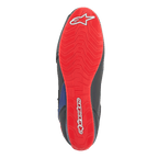 Alpinestars FQ20 Faster-3 Rideknit® sko, undersiden af sålen, klar rød med hvidt Alpinestars-logo og skrift, tekstureret grebsmønster til motorcykelkørsel.