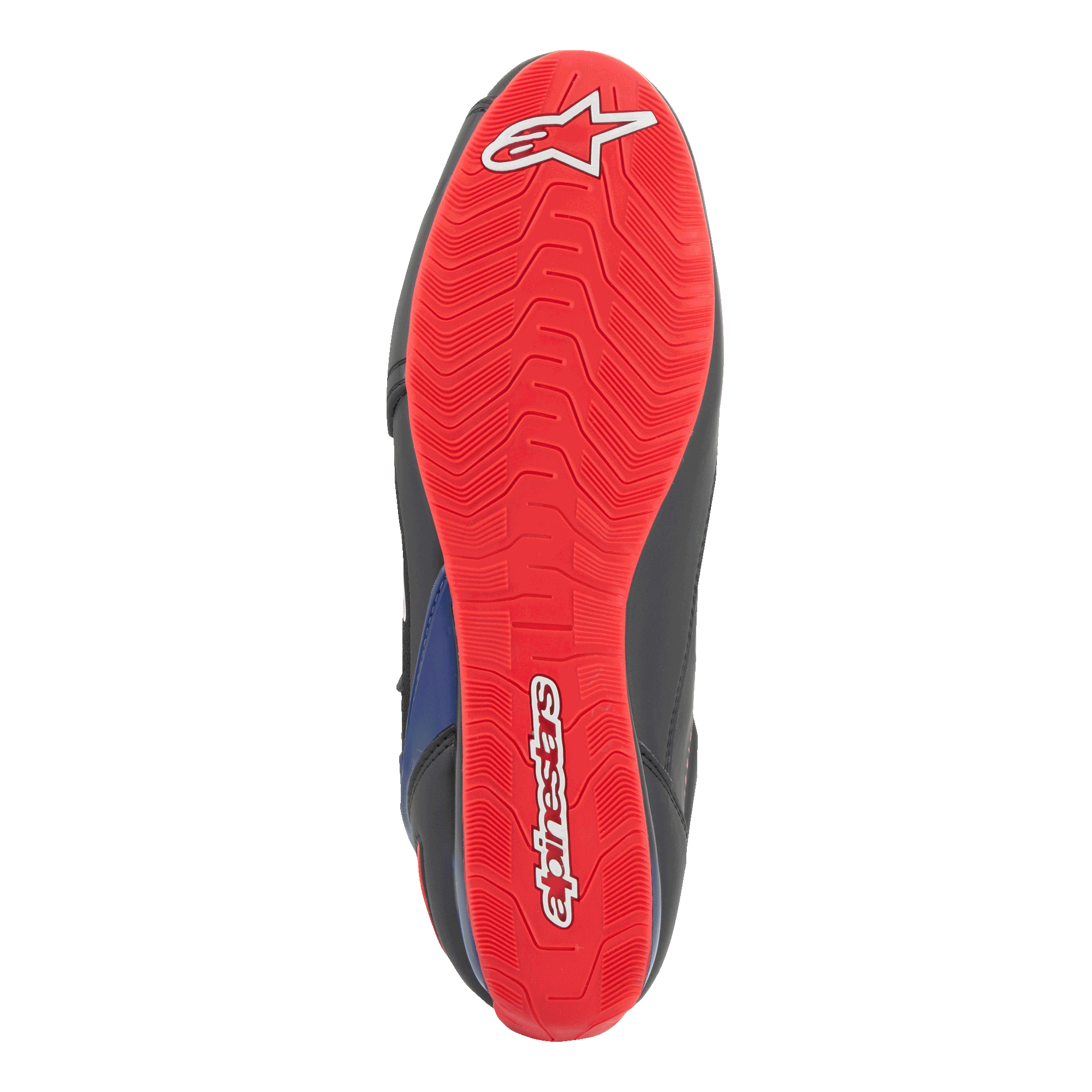 Alpinestars FQ20 Faster-3 Rideknit® sko, undersiden af sålen, klar rød med hvidt Alpinestars-logo og skrift, tekstureret grebsmønster til motorcykelkørsel.