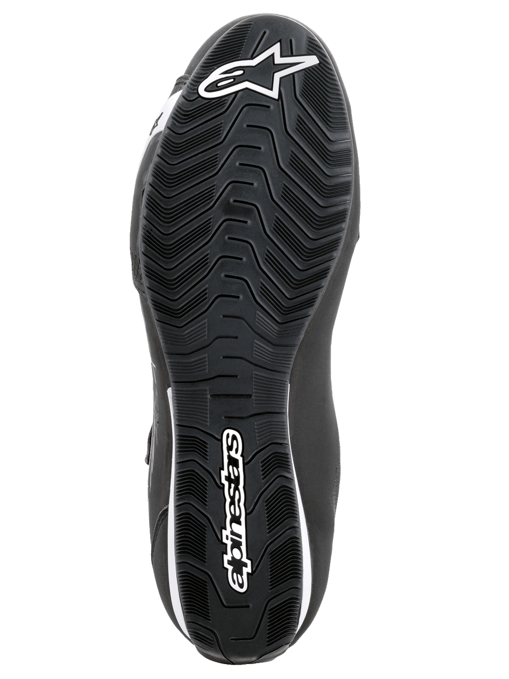 Alpinestars Sektor sko, motorcykelsko, sort og hvid, underside af tekstureret gummisål med bølget mønster, hvidt Alpinestars-logo og stjernesymbol