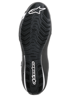 Alpinestars Sektor sko, motorcykelsko, sort og hvid, underside af tekstureret gummisål med bølget mønster, hvidt Alpinestars-logo og stjernesymbol