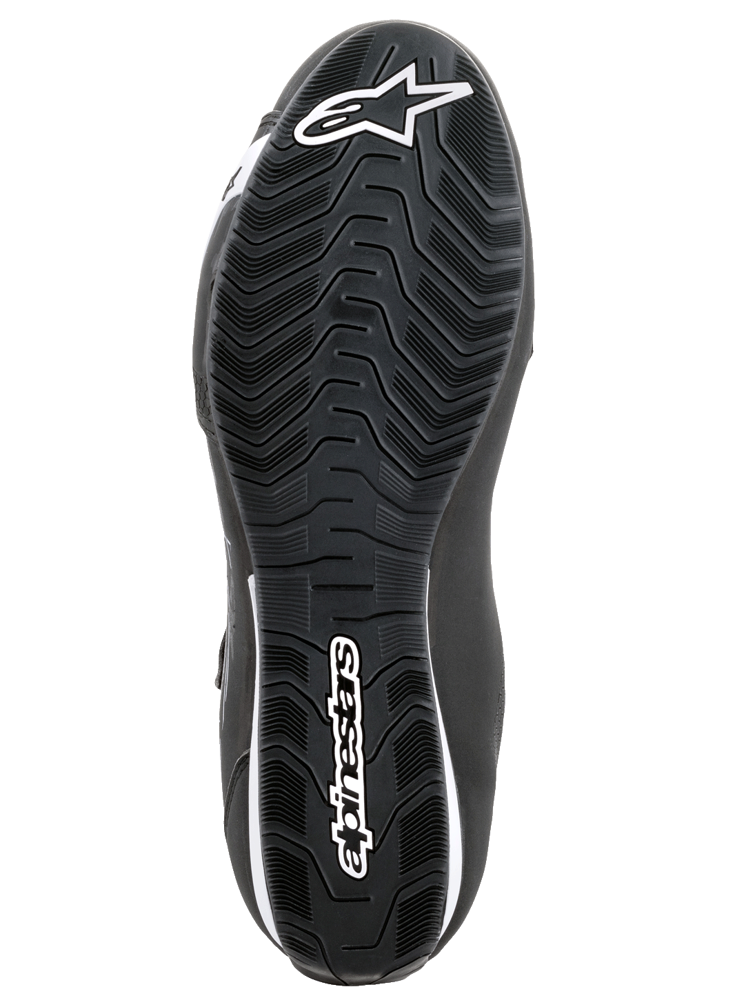 Alpinestars Sektor sko, motorcykelsko, sort og hvid, underside af tekstureret gummisål med bølget mønster, hvidt Alpinestars-logo og stjernesymbol