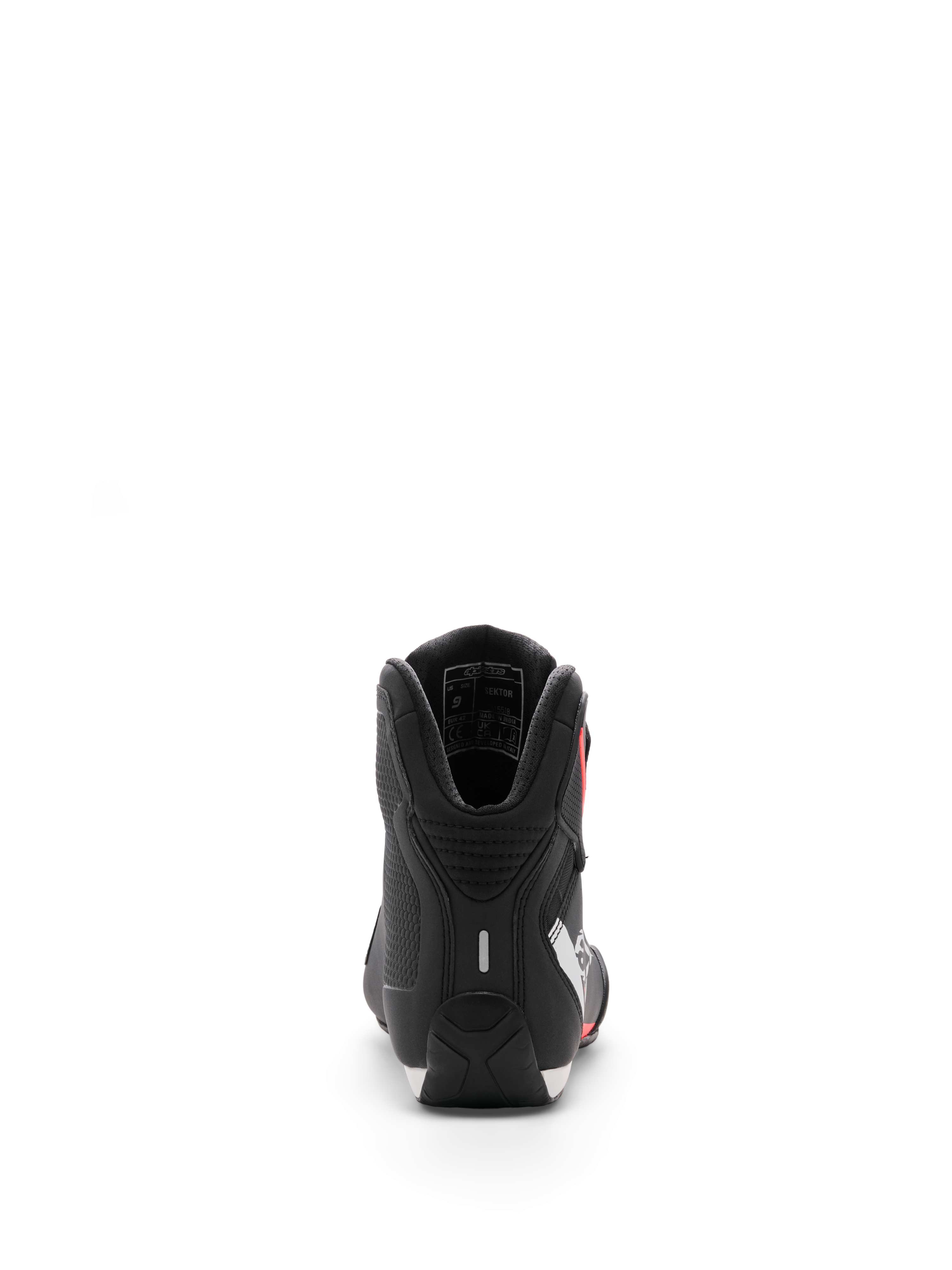 Alpinestars Sektor sko, motorcykelsko, sort, hvid og rød fluo, set bagfra med fokus på hælen og den indvendige ankelpolstring, strømlinet mikrofiber-finish til sport og landevejskørsel