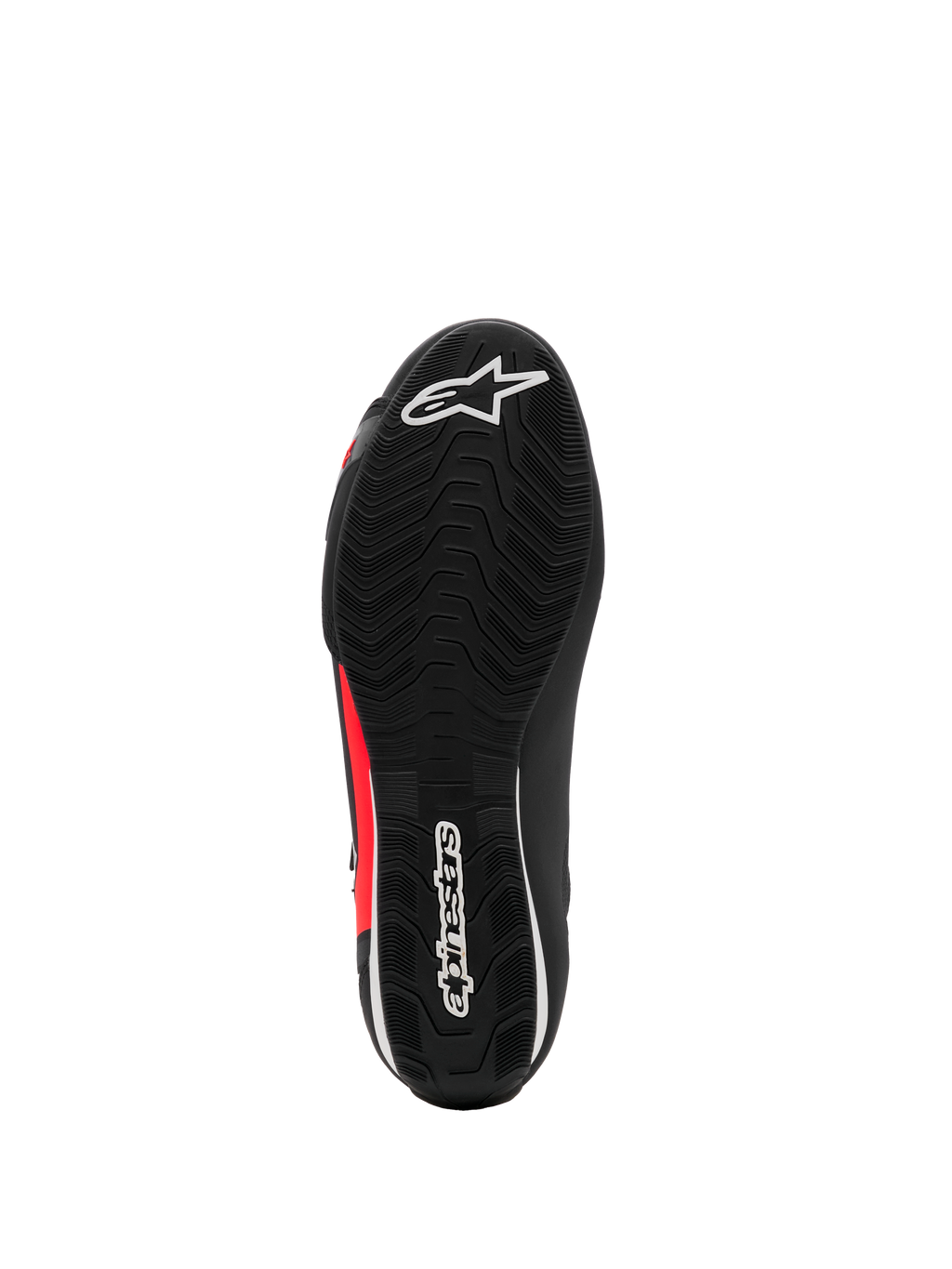 Alpinestars Sektor sko, motorcykelsko, sort, hvid og rød fluo, set nedefra med tekstureret gummisål med hvide logoer og røde detaljer, letvægtsdesign til vejkørsel