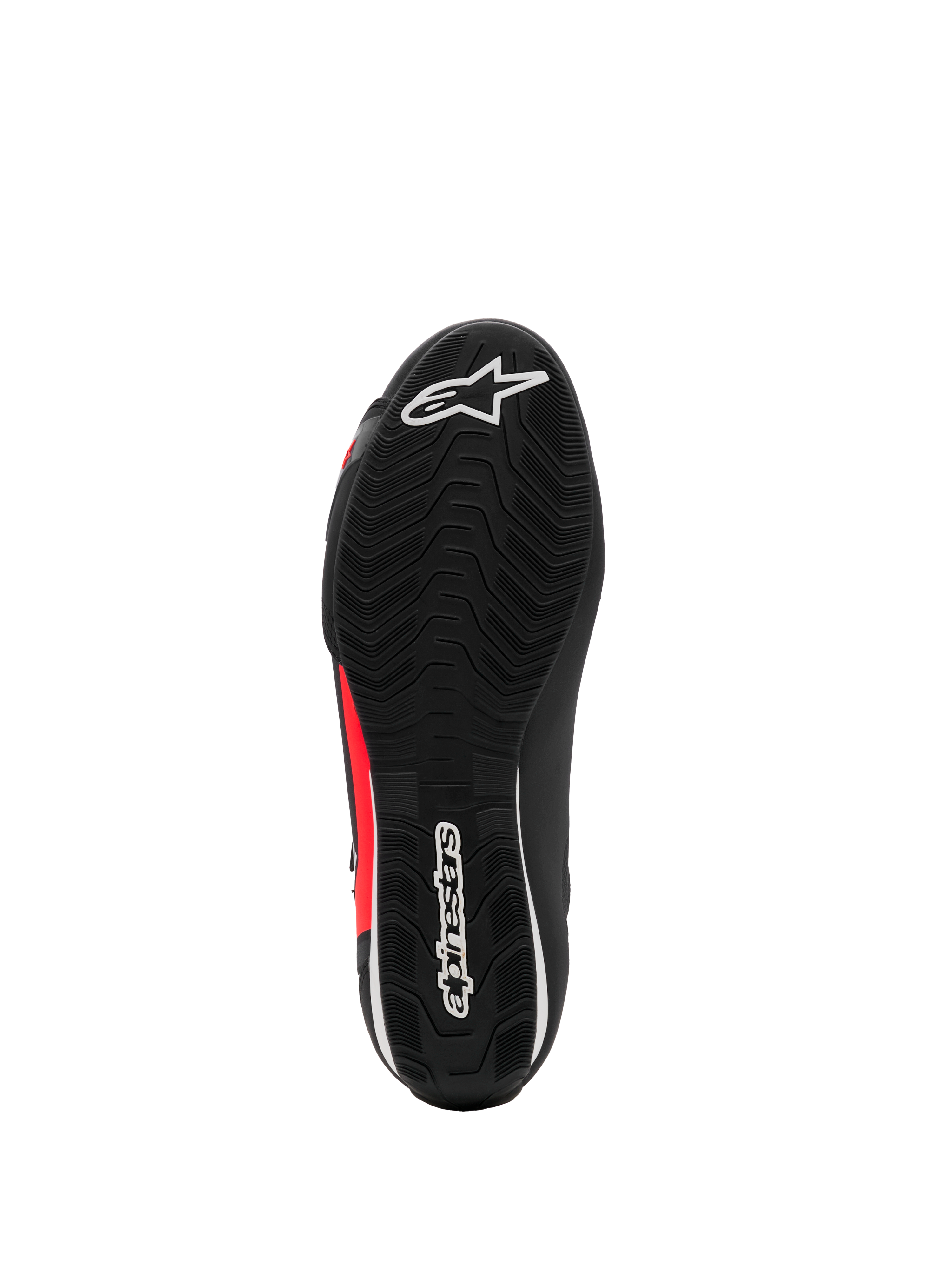 Alpinestars Sektor sko, motorcykelsko, sort, hvid og rød fluo, set nedefra med tekstureret gummisål med hvide logoer og røde detaljer, letvægtsdesign til vejkørsel
