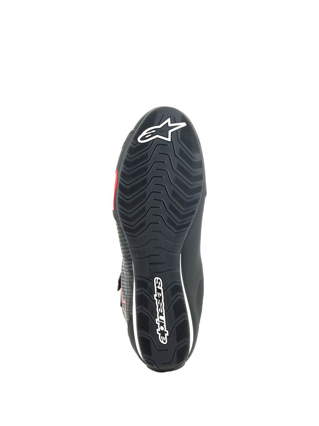 Alpinestars Sektor sko, motorcykel køresko, sort og klar rød, undersiden af tekstureret gummisål med hvidt Alpinestars-logo og integreret støtteskaft for greb og stabilitet.