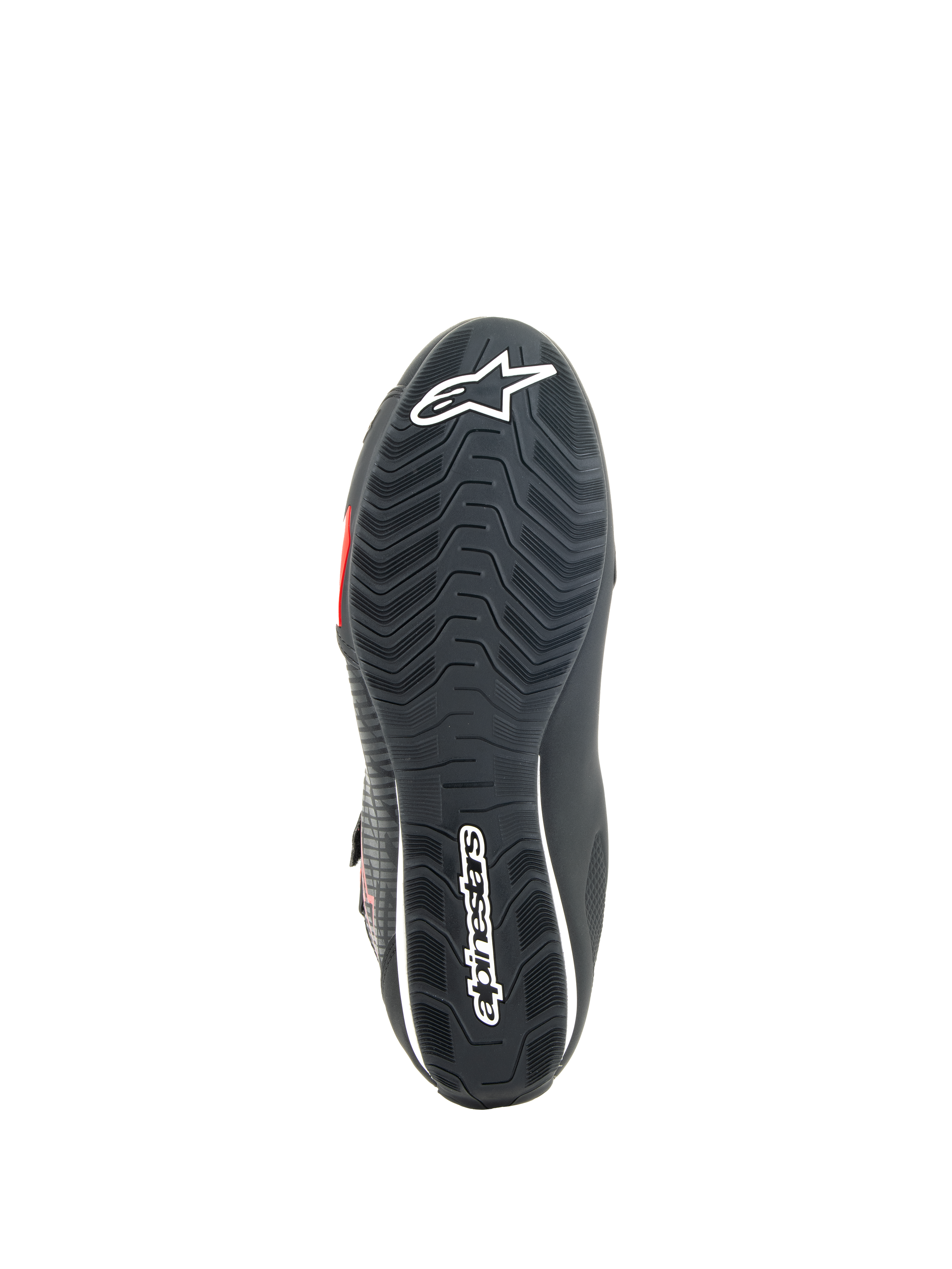 Alpinestars Sektor sko, motorcykel køresko, sort og klar rød, undersiden af tekstureret gummisål med hvidt Alpinestars-logo og integreret støtteskaft for greb og stabilitet.