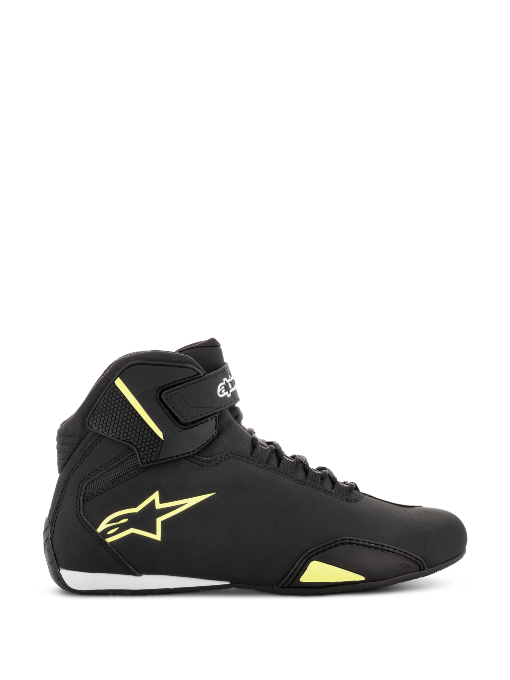 Alpinestars Sektor sko, motorcykelkøresko, sort og fluorescerende gul, sideprofil med gult Astars-logo, ankelstrop med hvid branding, hurtigsnøringssystem og elegant mikrofiberkonstruktion.