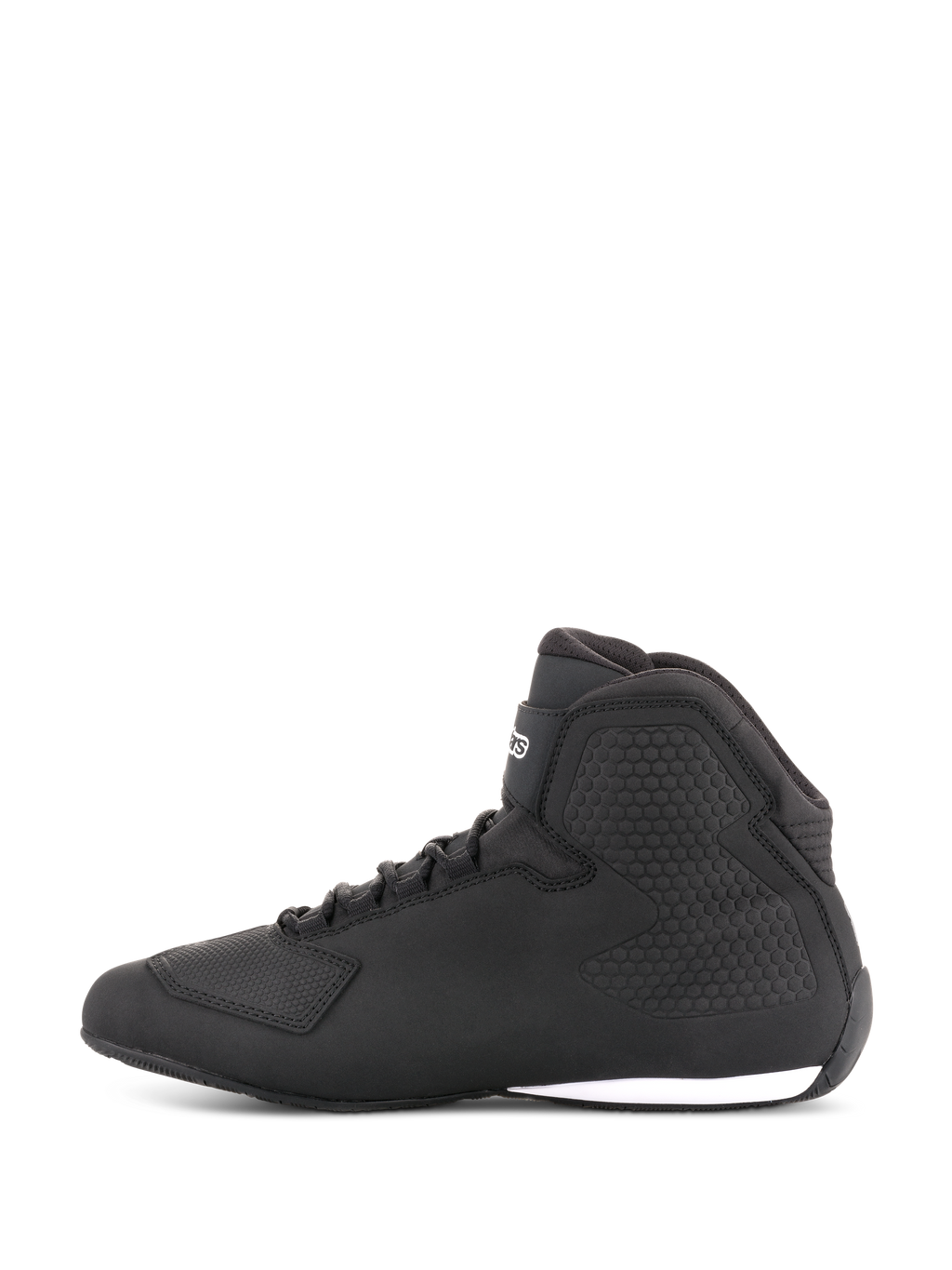 Alpinestars Sektor sko, motorcykelsko, sort, sideprofil, high-top design med snørebånd, overdel i mikrofiber, tekstureret ankelbeskyttelse, strømlinet racer-inspireret look med hvid detalje på sålen