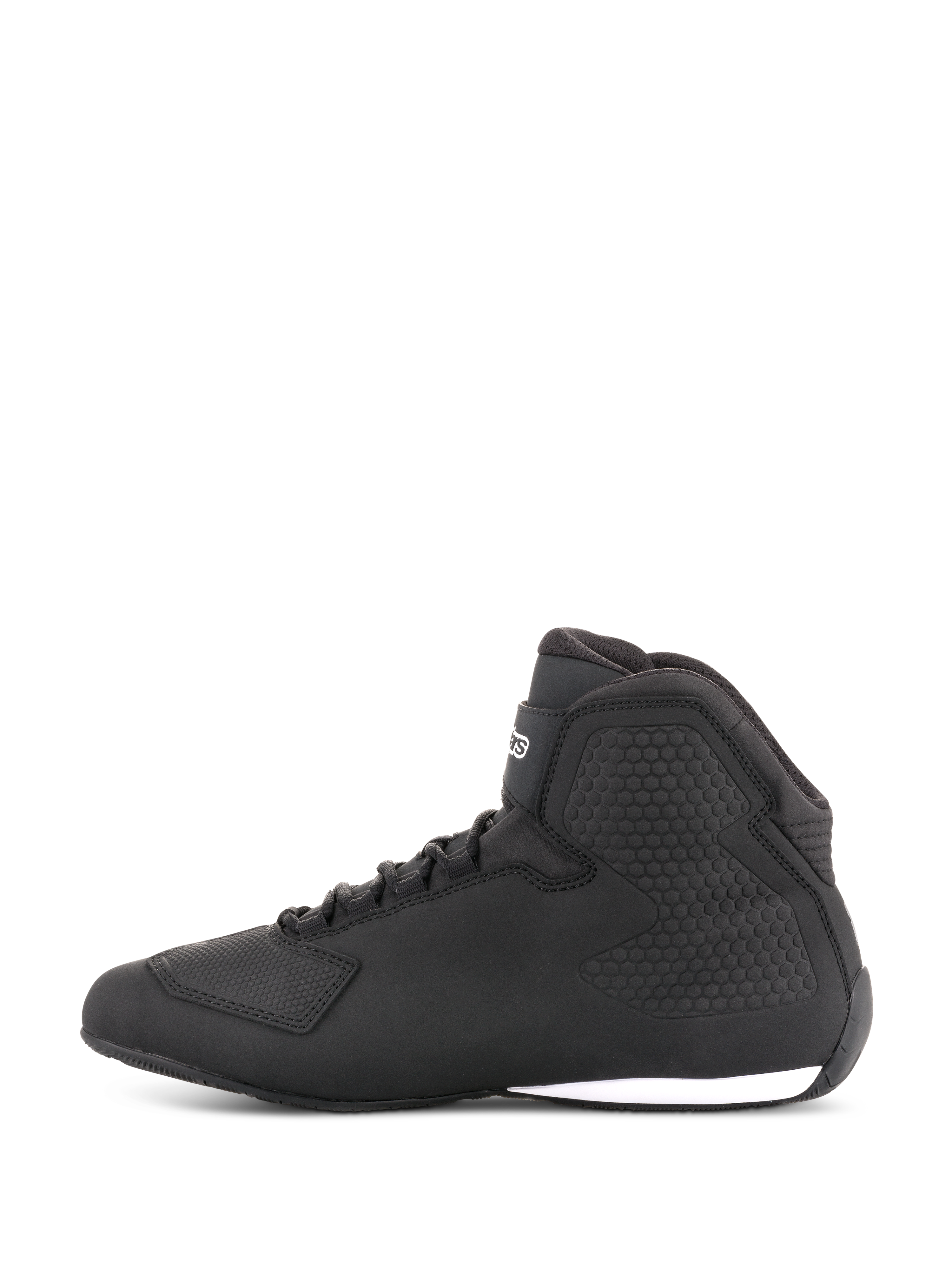 Alpinestars Sektor sko, motorcykelsko, sort, sideprofil, high-top design med snørebånd, overdel i mikrofiber, tekstureret ankelbeskyttelse, strømlinet racer-inspireret look med hvid detalje på sålen
