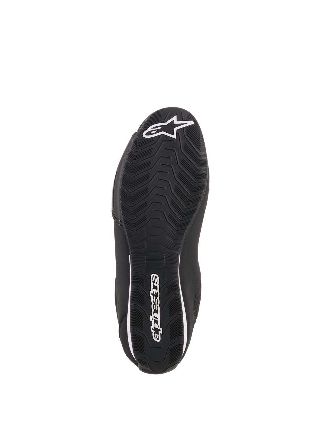 Alpinestars Sektor sko, sorte motorcykelsko, set nedefra med tekstureret gummisål, hvidt Alpinestars-stjernelogo på tåen og branding på hælen, designet til greb og holdbarhed