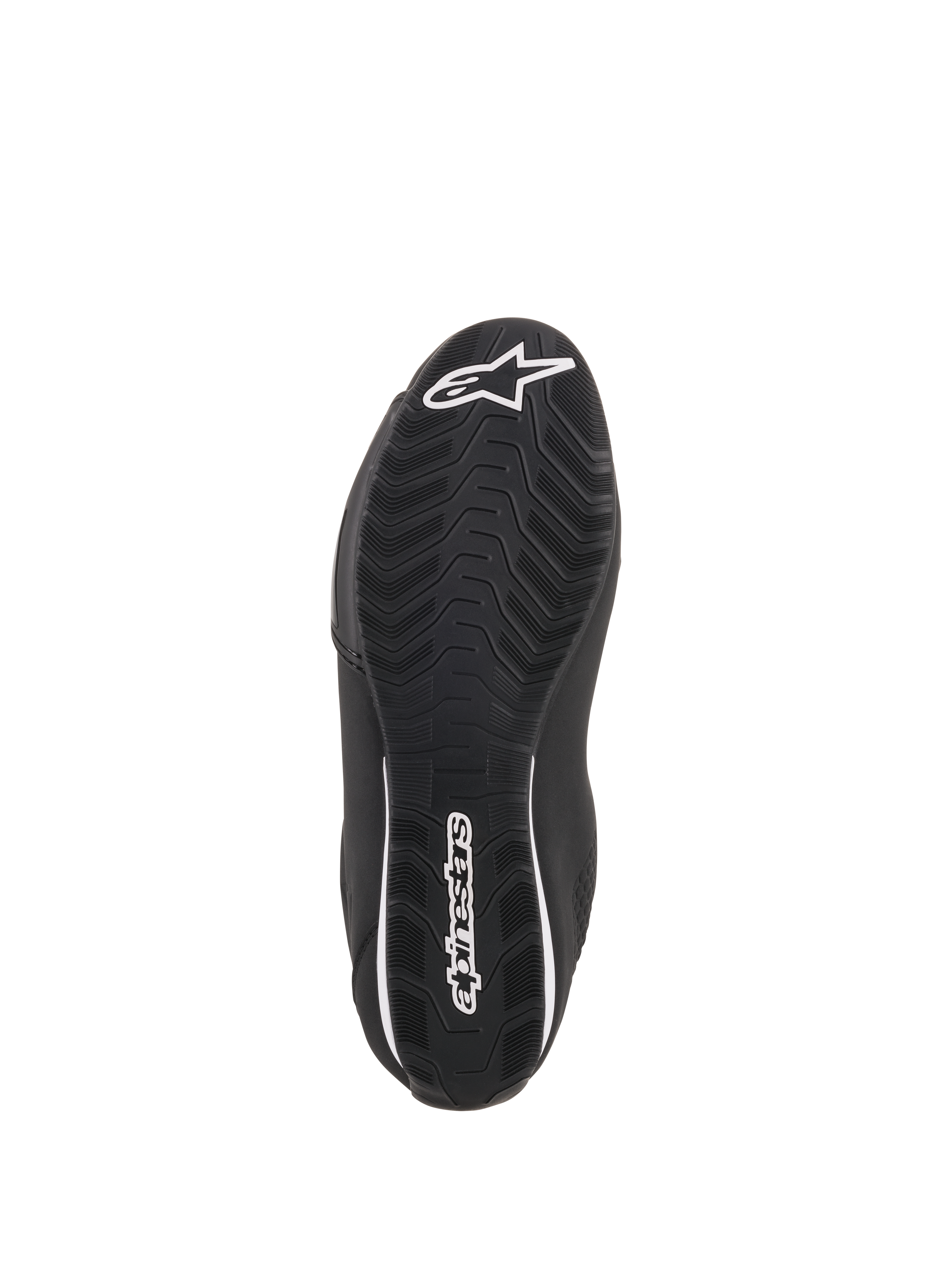 Alpinestars Sektor sko, sorte motorcykelsko, set nedefra med tekstureret gummisål, hvidt Alpinestars-stjernelogo på tåen og branding på hælen, designet til greb og holdbarhed