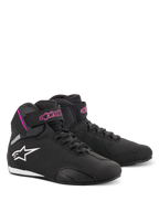 Alpinestars Women Stella Sektor Shoes, Motorcycle Riding Shoes, Black and Fuchsia, lightweight microfiber construction, high-top design with speed laces and velcro strap, pink branding and white star logo, sporty protective footwear
