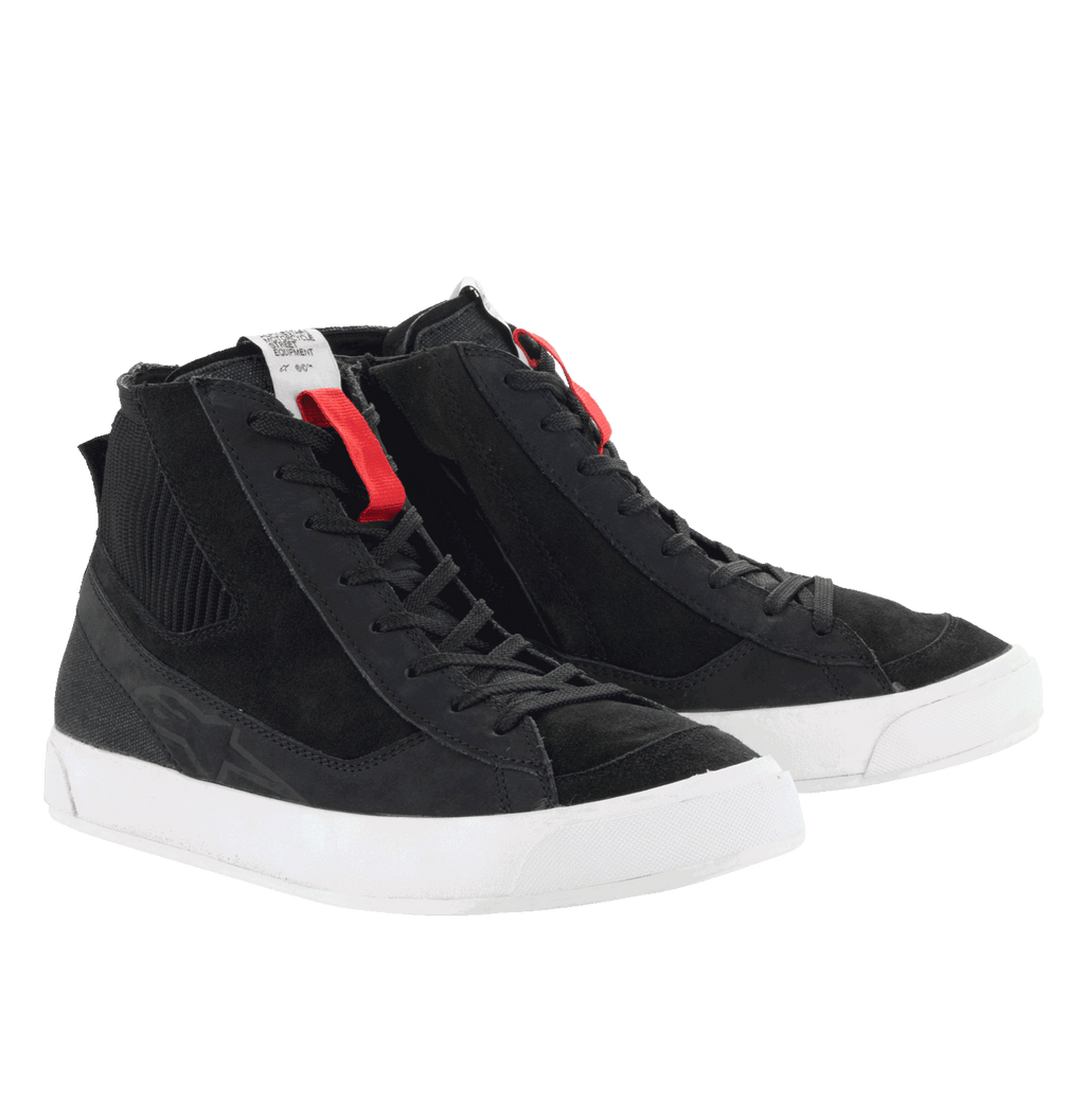 Alpinestars Stated Shoes, Urban Motorcycle Riding Shoes, Black with White soles, retro street-sneaker style, high-top design featuring nubuck and suede construction, classic laces with red accents, protective urban riding footwear