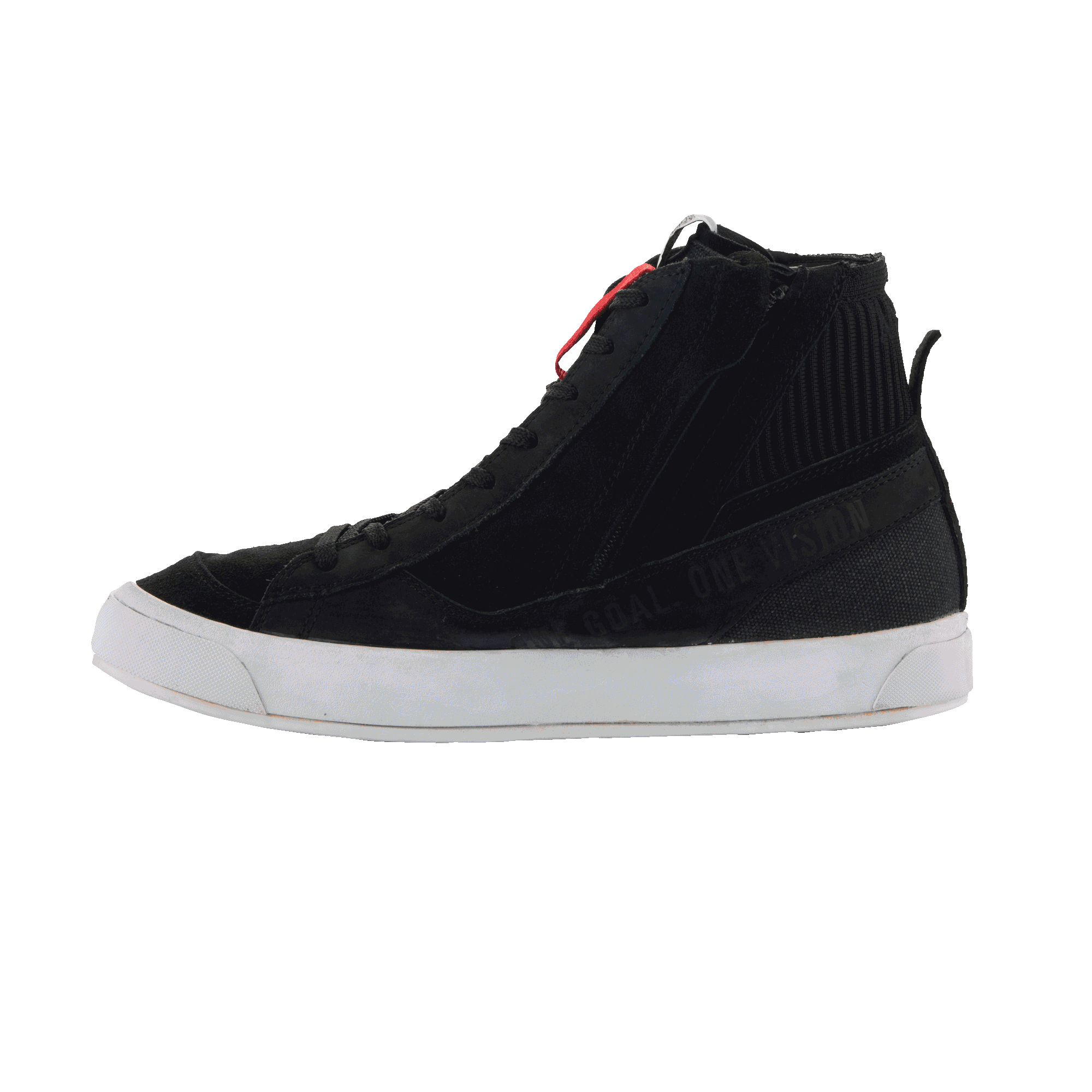 Alpinestars Stated Shoes, Black Urban Riding Shoes, high-top sneaker design with a white vulcanized sole, black suede and canvas upper, red accent on the tongue, and 'One Goal One Vision' text on the side