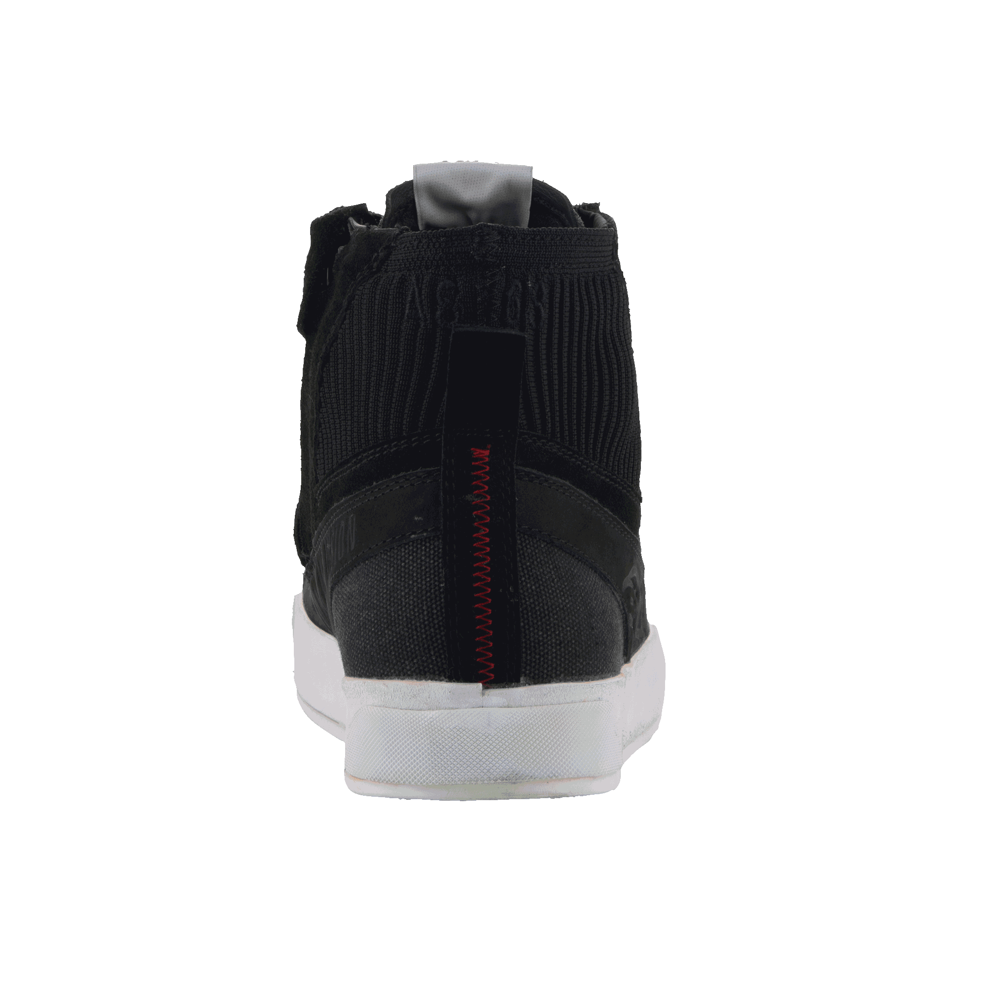 Alpinestars Stated Shoes, Rear View, Black with White Vulcanized Sole, featuring Ribbed Knitted Ankle Collar, Red Zig-Zag Heel Stitching, and Grey Pull Tab, Urban Motorcycle Footwear