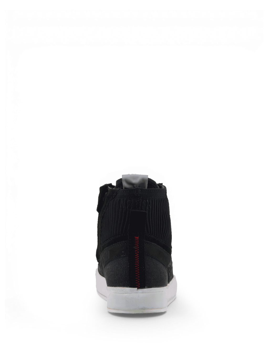Alpinestars Stated Sko, sorte herre-køresko i nubuck og canvas til urban kørsel, set bagfra med hvide såler.