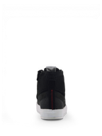 Alpinestars Stated Sko, sorte herre-køresko i nubuck og canvas til urban kørsel, set bagfra med hvide såler.