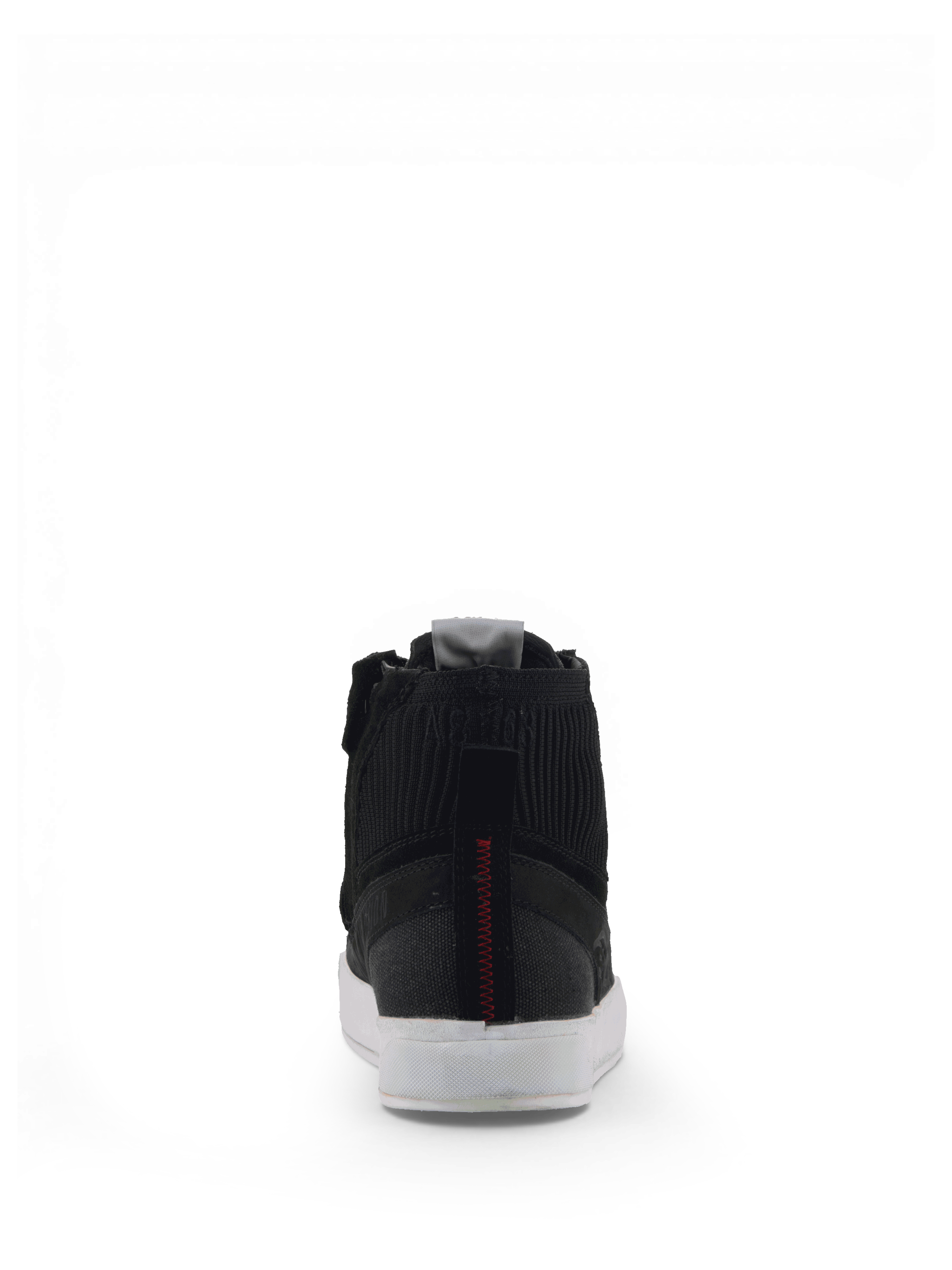 Alpinestars Stated Sko, sorte herre-køresko i nubuck og canvas til urban kørsel, set bagfra med hvide såler.
