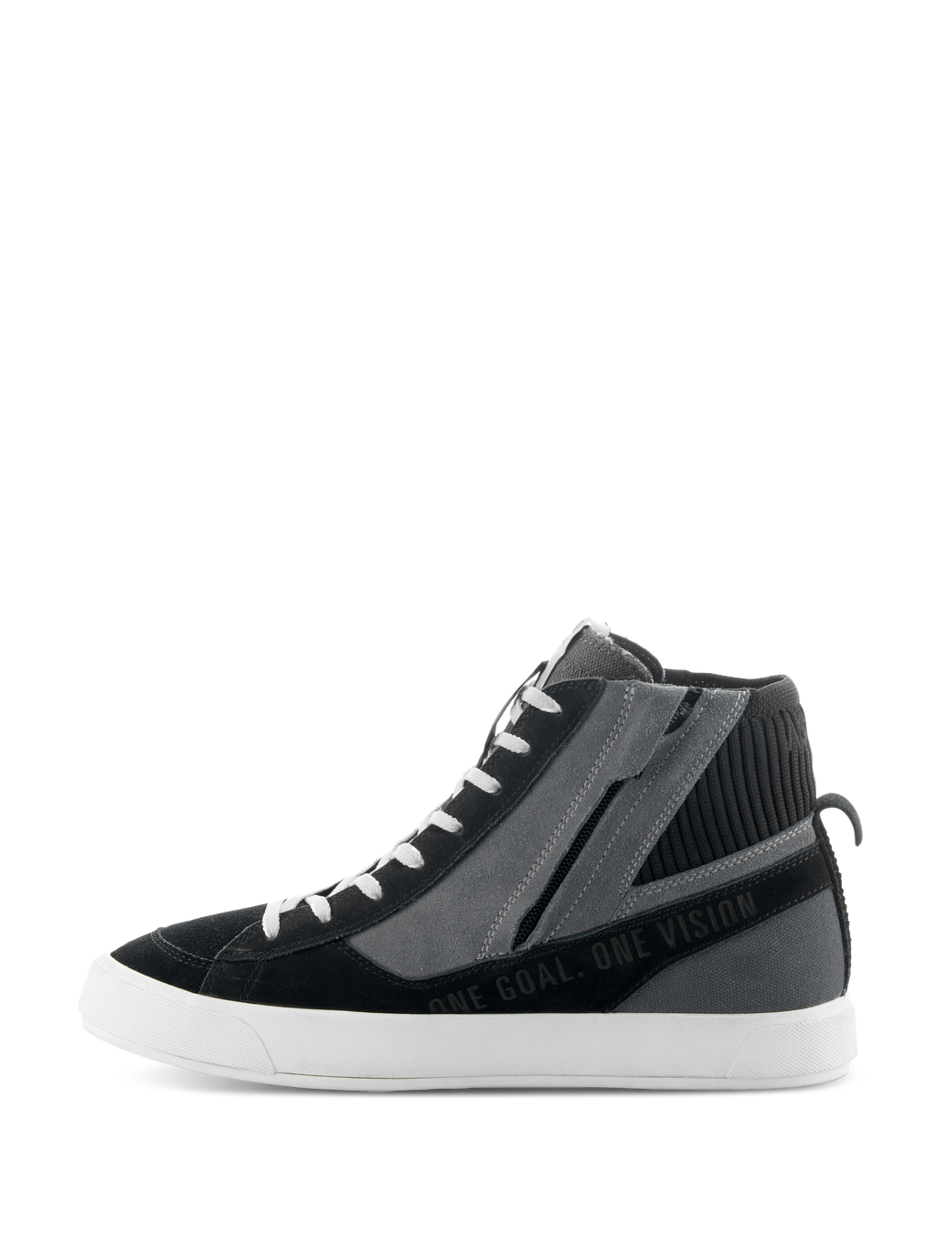 Alpinestars Stated-sko, sorte, grå og hvide urbane motorcykelsko, sideprofil med high-top sneaker-design, sidelynlås, hvid vulkaniseret sål, 'ONE GOAL. ONE VISION'-tekst